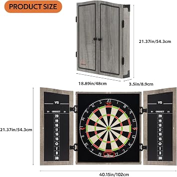 Dartboard Cabinet Set with 18 Bristle Dartboard - Self-Healing Sisal, 6 Steel Tip Darts, Scoreboard & Chalk - All-in-One Game Room Set for Home, Bar, Garage (Gray)