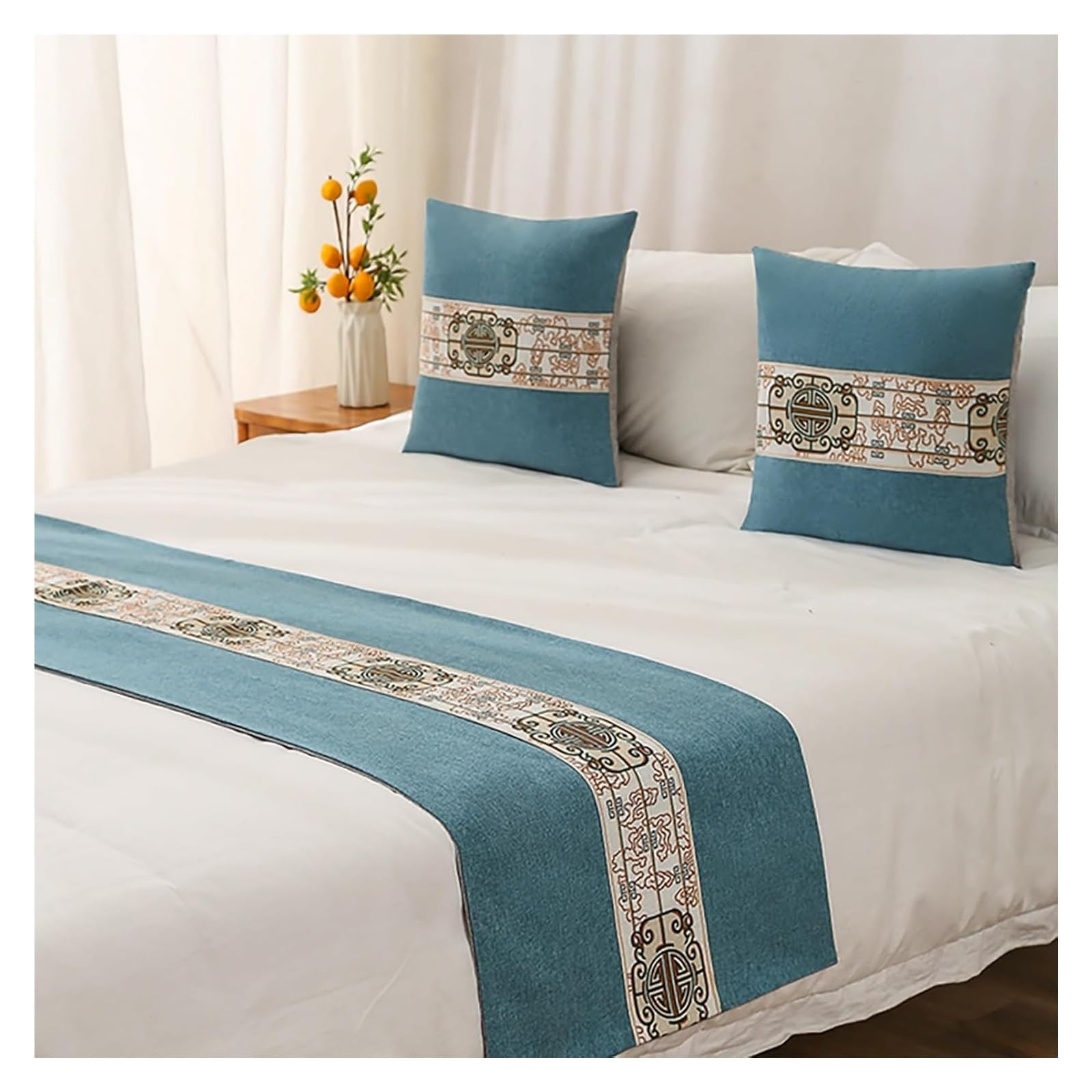 JFGCTYHXY Bed linen throws, Embroidery King Bed Scarf Runner Bedding Scarves Cover For Home Hotel Guesthouse(Light Blue,48 * 240cm for 180cm Bed)