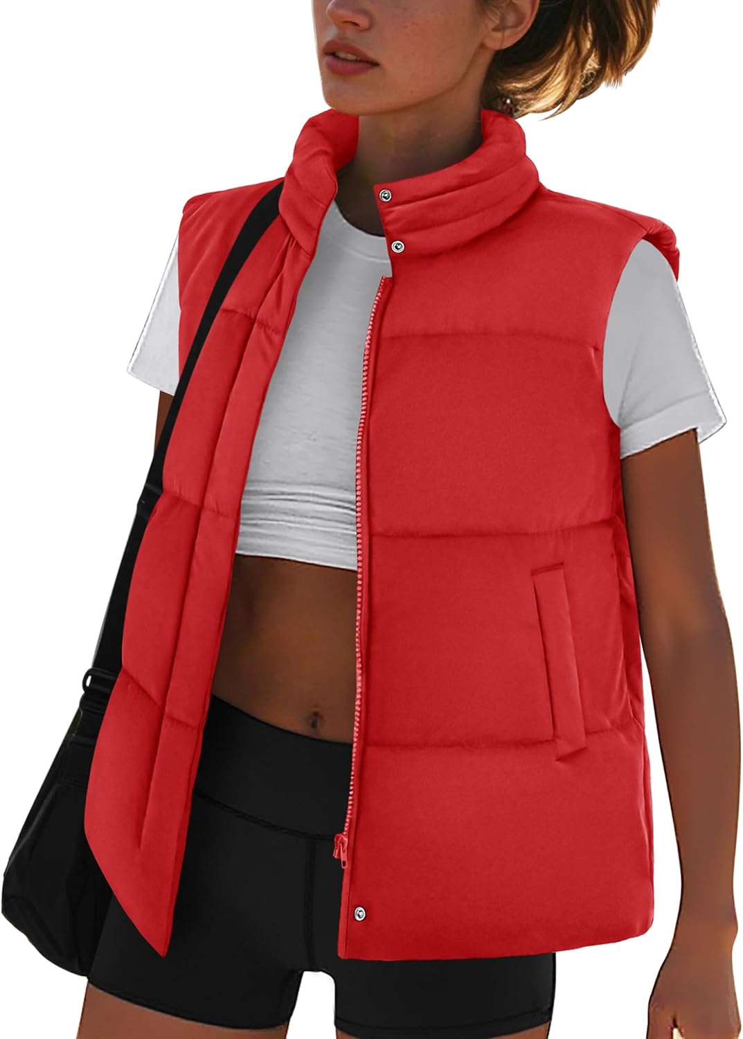 Zeagoo Red Puffer Vest Women Fall Fashion Zipped Up Stand Collar Sleeveless Winter Jackets Quilted Padded Outerwear Red M