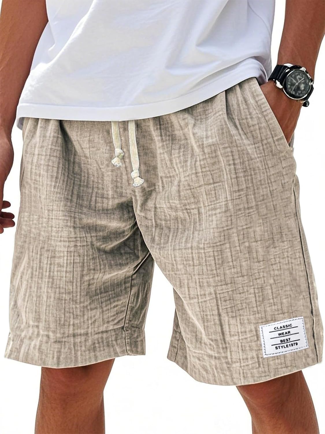 Men's Casual Shorts Summer Beach Solid Color Elastic Waist Drawstring Knee Length Streetwear Shorts (Khaki,Medium)