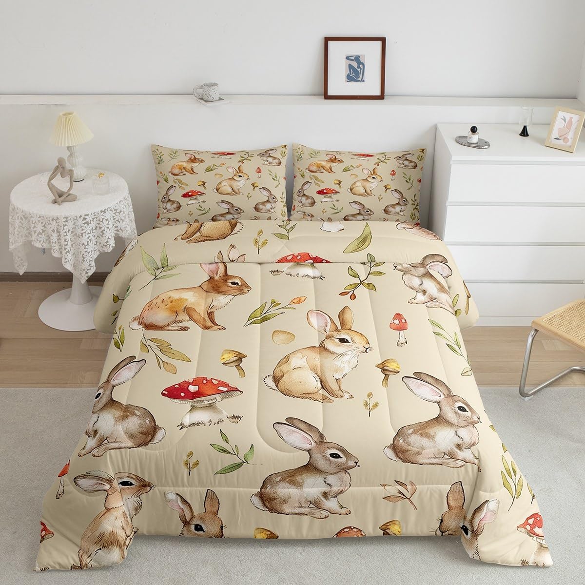 Feelyou Cute Bunny Bedding Set Cartoon Rabbit Comforter Set for Kids Boys Girls Red Mushrooms Quilt Set Colorful Eggs Duvet Quilt with 2 Pillowcases 3Pcs Bedding Full