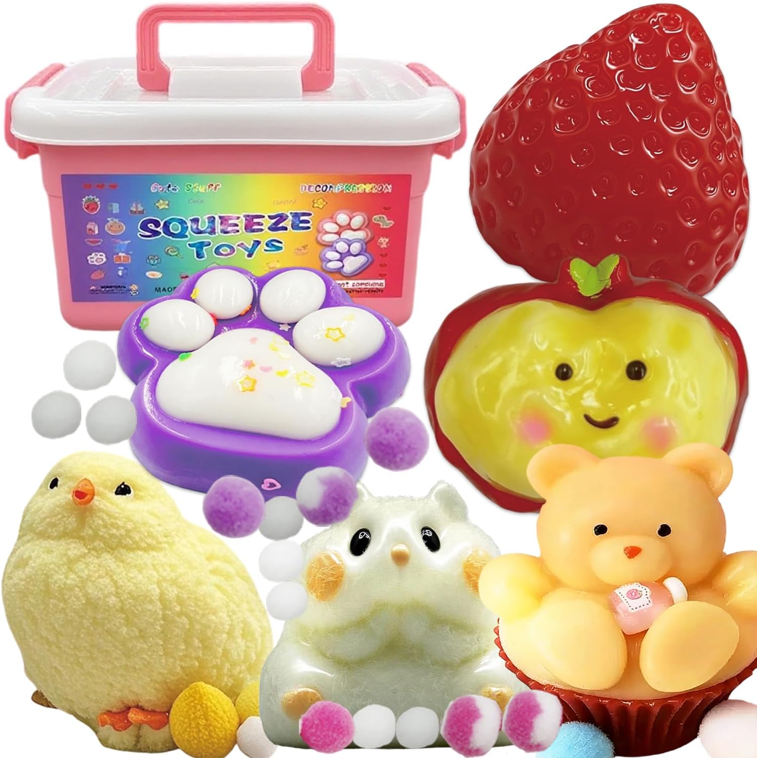 Big Taba Squishy Toys 6-Piece Set - Giant Ultra-Soft Slow-Rise Kawaii Stress Relief for Kids & Adults, Big Hamster, Huge Strawberry, Jumbo Cat Paw, Mega Chick, Cute Cat & Cookie with Storage Case