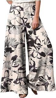 PULASSI Vintage Print Wide Leg Pants for Women Breathable Elegant Elastic Waist Pocketless Baggy Casual Pants Flowy Pants