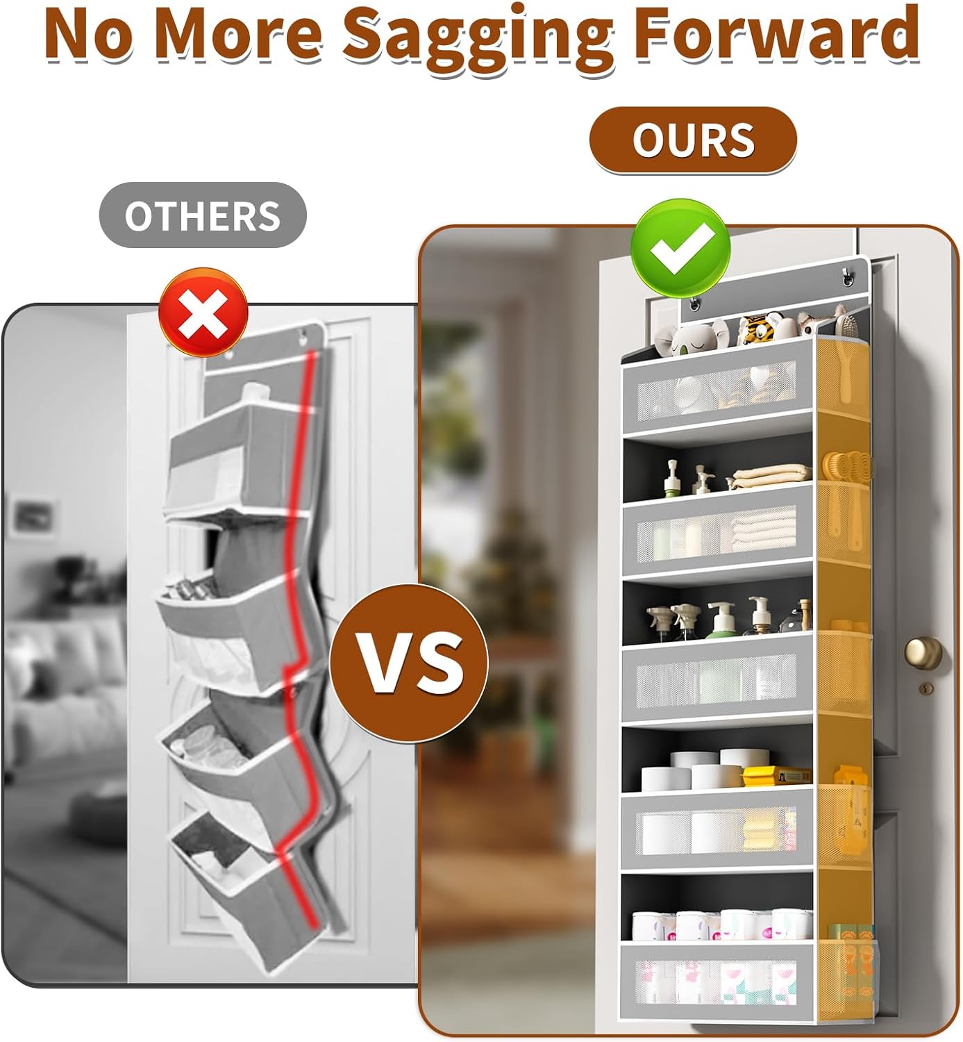 Over The Door Organizer, Over the Door Storage with 5 Large 10 Side Pockets, Hanging Door Organizer 44 lb Load Behind Door Storage, Hanging Shelf for Closet Wall Bedroom Bathroom Nursery, 5-Tier Grey - Image 6