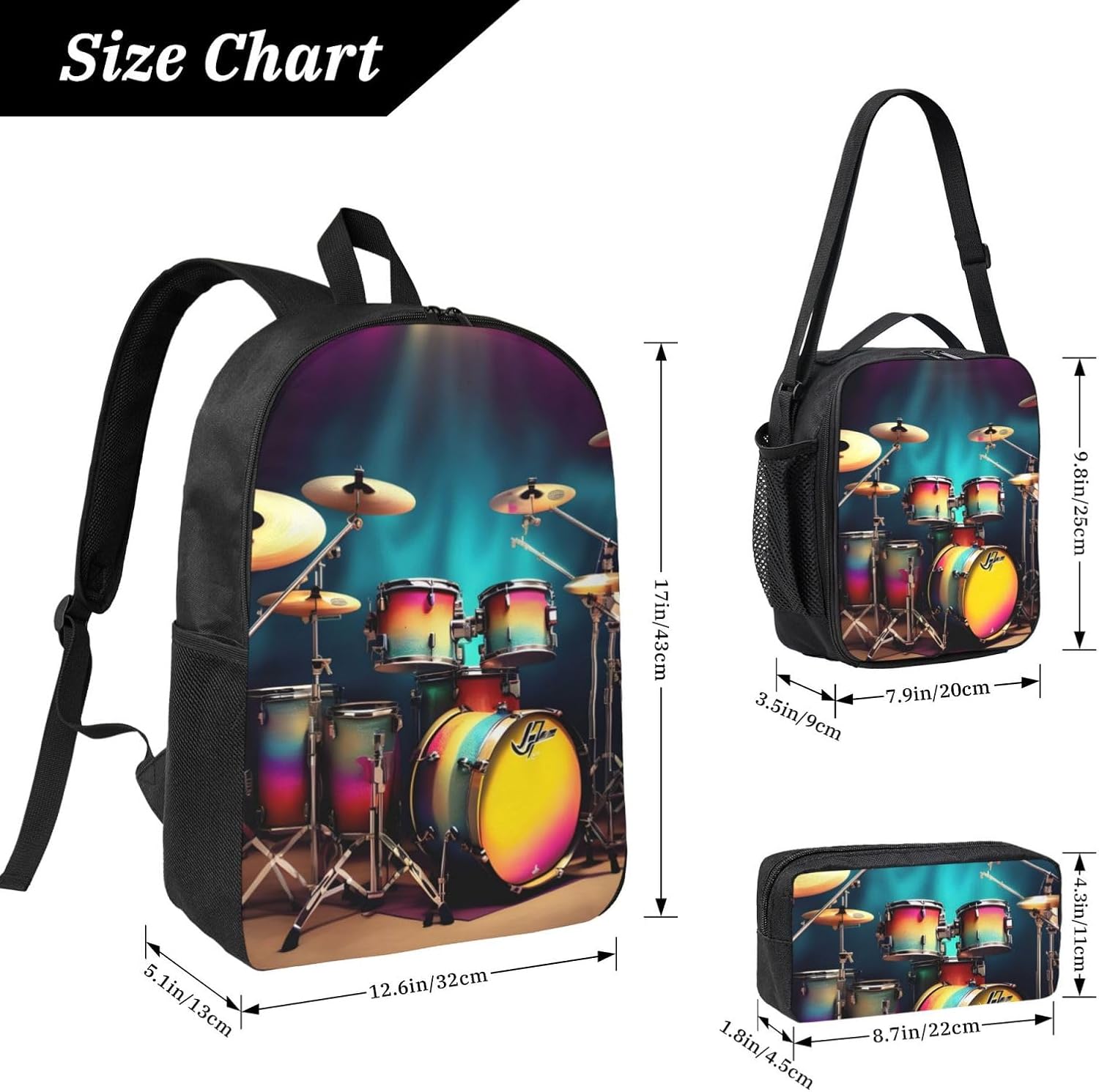 Cool Drums Set print 3 Piece Backpack Bags with Lunch Box Pencil Case Set for Travel Work Camping Unisex