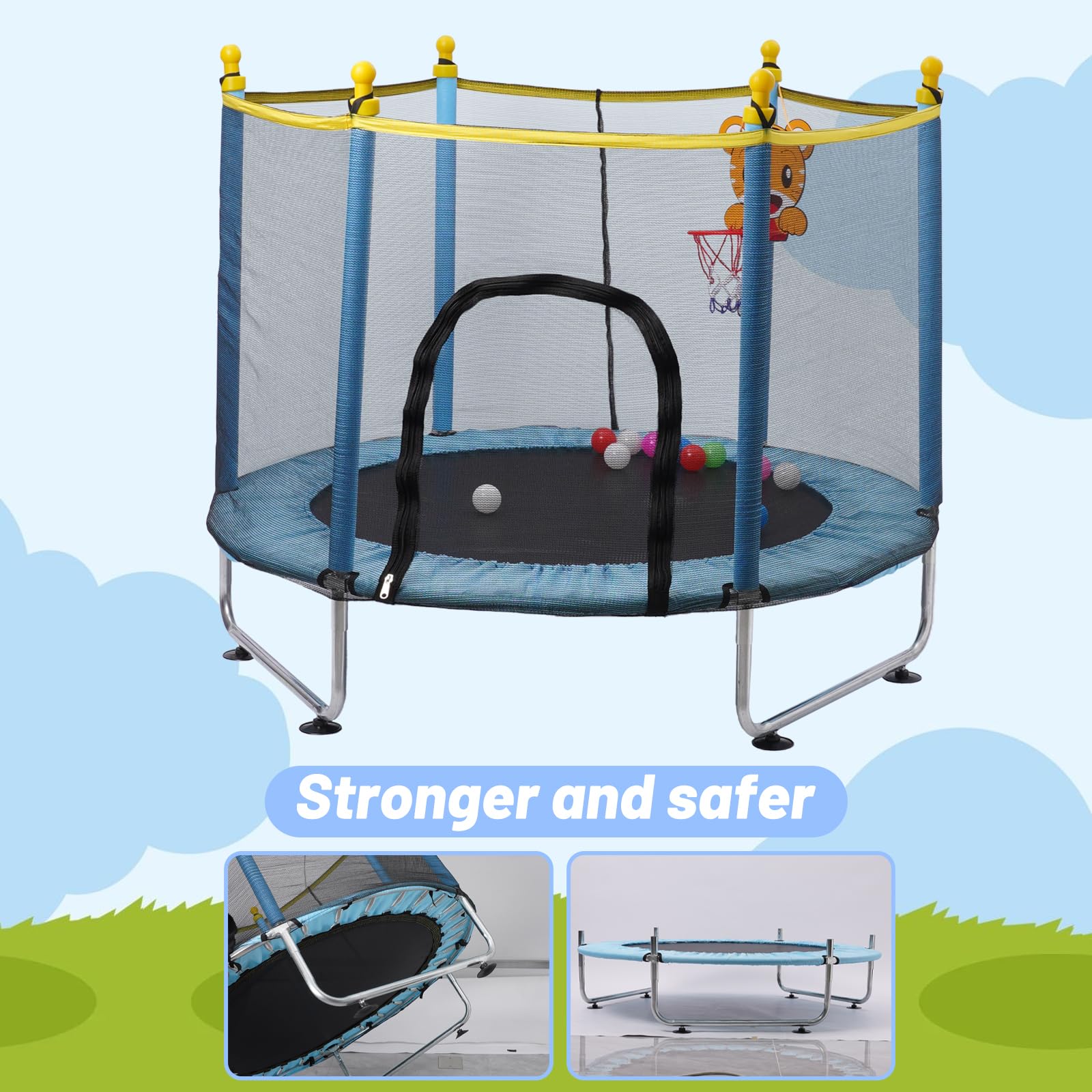 Kinder Trampolin 140 cm, Trampoline Outdoor mit Sicherheitsnetz, Indoor Kindertrampolin mit Basketballkorb, Kleines Trampolin Outdoor für Kinder ab 2 3 Jahre