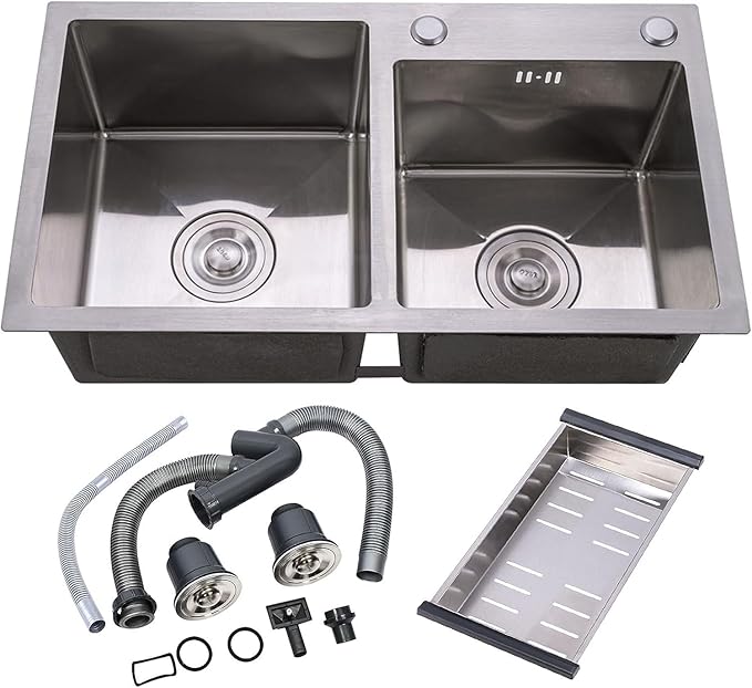 Edelstahl Spülbecken 78x43x21cm - Doppelbecken Mit Abtropfkorb & Filter - Ideal Für Küche, Garage & Bar