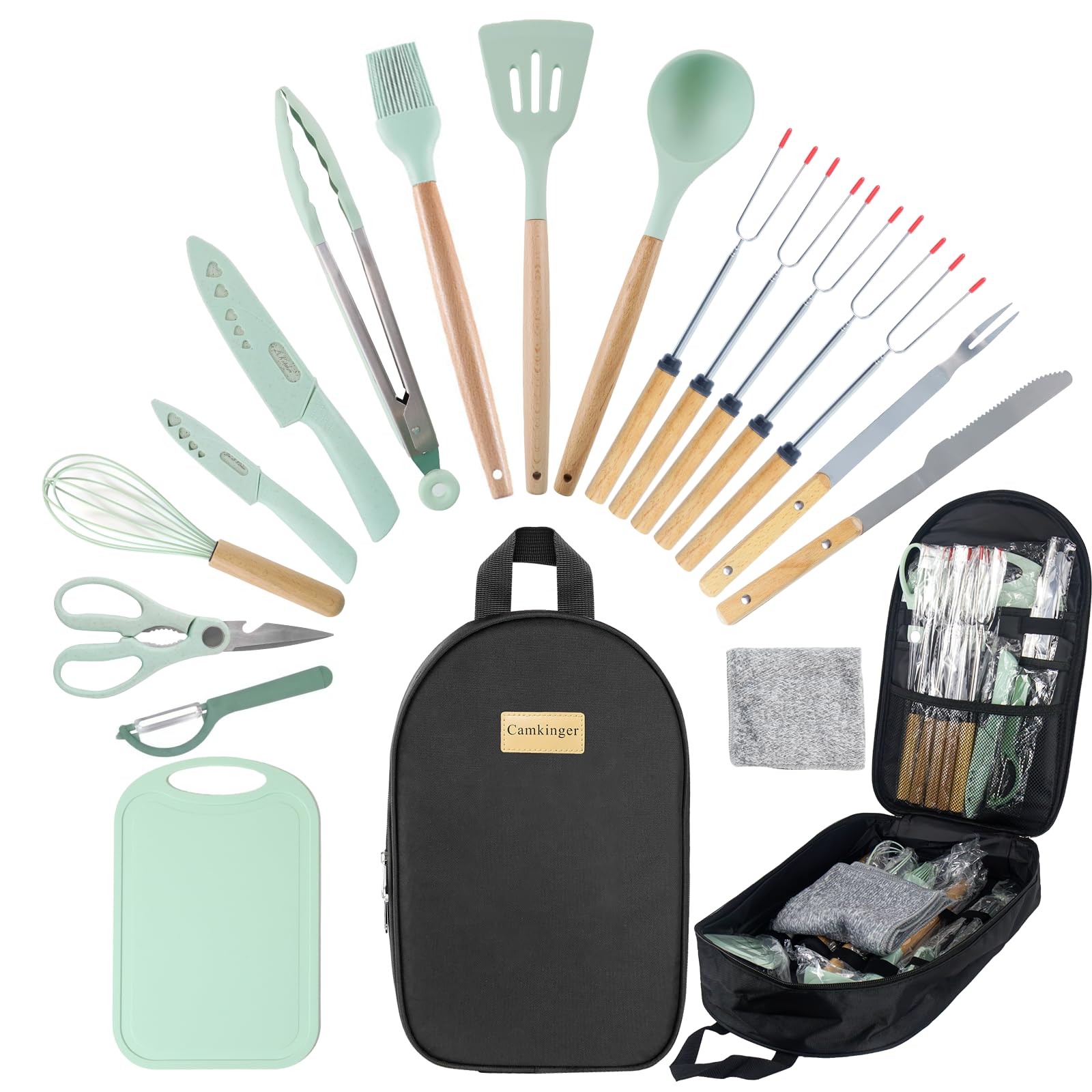 Camkinger Camping Accessories Kitchen Cooking Utensils Set - Portable Outdoor Camp Cookware Set, Silicone Camper Essentials Gear Must Have Supplies for Travel RV BBQ Grill Picnic Hiking