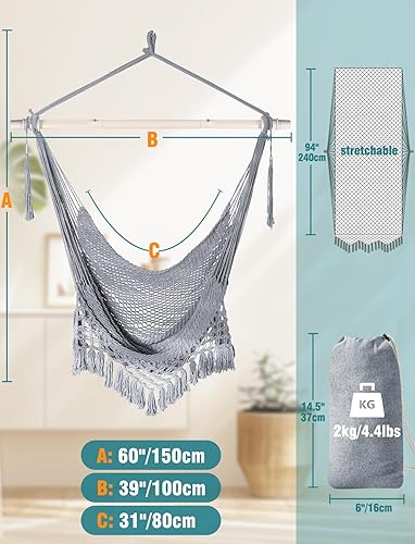 Miniatura 56 de Chihee Silla de hamaca súper grande, sillas colgantes de cuerda de algodón hilado suave, plegable y resistente, barra separadora de metal, asiento