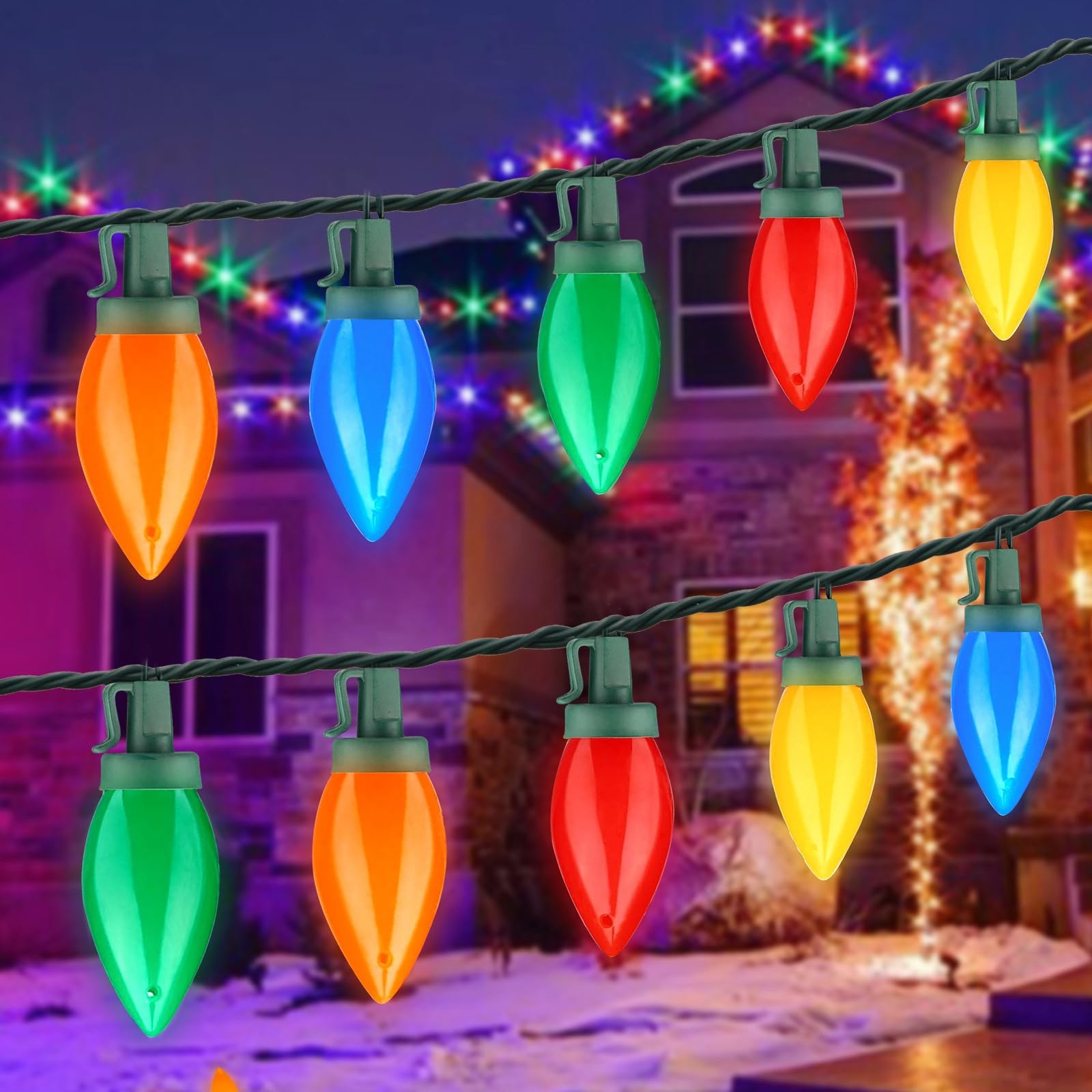 C9 Christmas LED String Lights, 23 Ft LED Vintage Multicolor Lights with 35 LED C9 Colorful Light Bulbs, Outdoor String Lights for Christmas Party Backyard Wedding- Green Wire