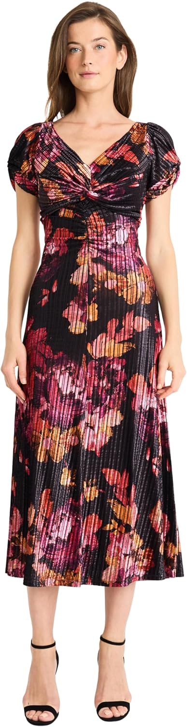 Maggy London Womens Midi Floral Dress - V-Neck Pleated Fabric - Puff Cap Sleeves - Empire Waist - Elegant Wedding Guest Dress