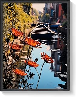 London Flower Collage Art Print on Regents Canal. Framed Printing Wall Art Decor for Bedroom Bathroom Living Room 18x24 Inches