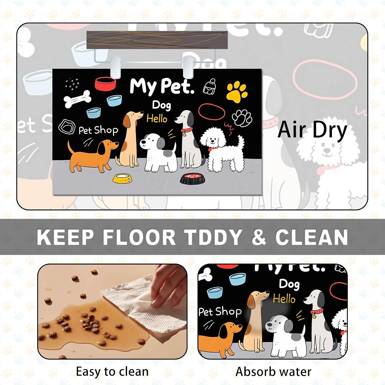 HOMETITUTE Funning My Pet Dog Pattern Dog Feeding Mat Pet Food Mat for Dogs and Cats Cute Puppy Design Pet Bowl Mat with Bone Paw and Non Slip Cat Feeding Mats for Home Kitchen Floor 20" x 12"