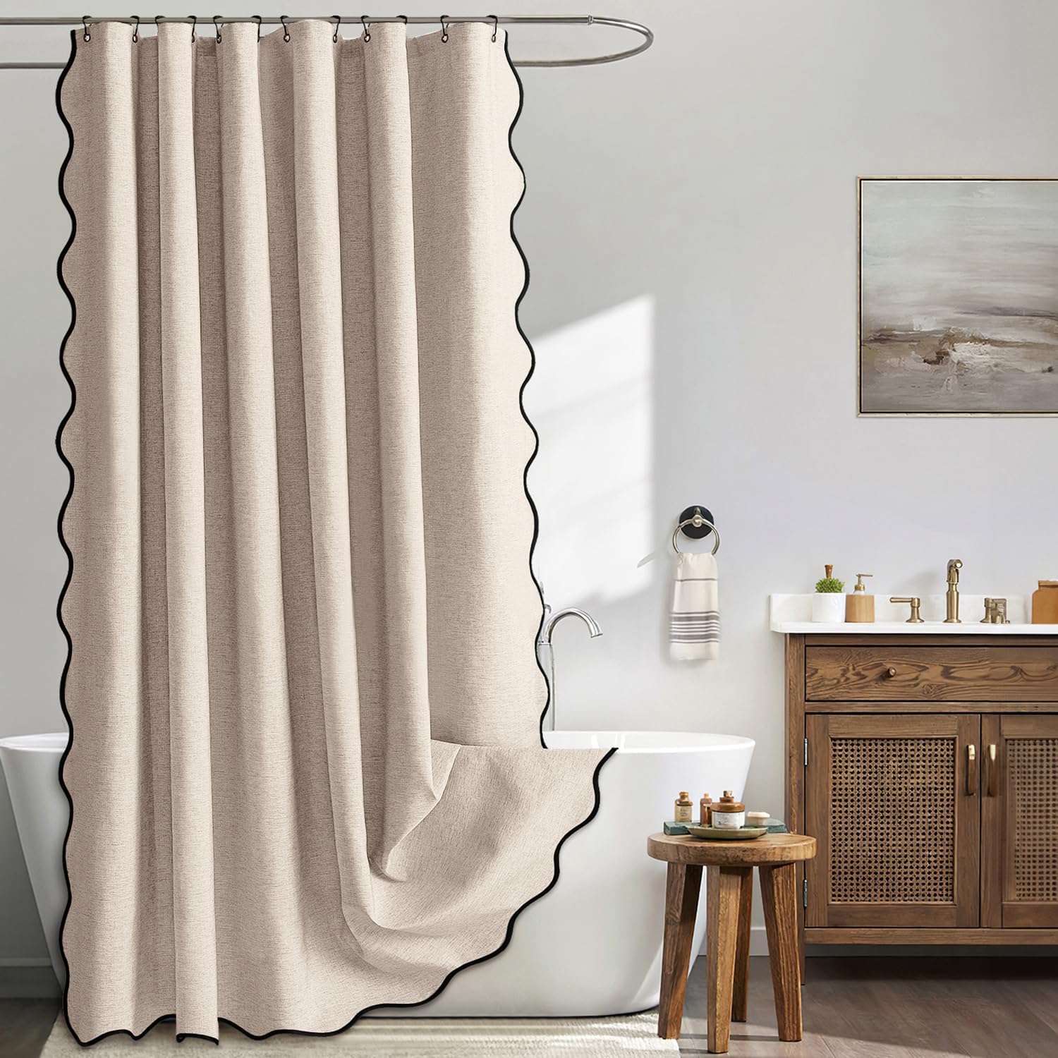 MIULEE Beige 84 Long Scalloped Shower Curtain Linen Textured with 12 Metal Hooks Cute Extra Long Heavy Duty Washable Waterproof Cloth Shower Curtains with Black Border for Bathroom Hotel Bathtub