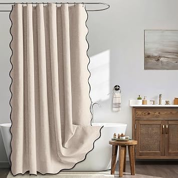 MIULEE Scalloped Shower Curtain Linen Textured with 12 Metal Hooks Cute Heavy Duty Washable Waterproof Thick Cloth Shower Curtains with Black Border for Bathroom Hotel Bathtub,W72*L72 Beige