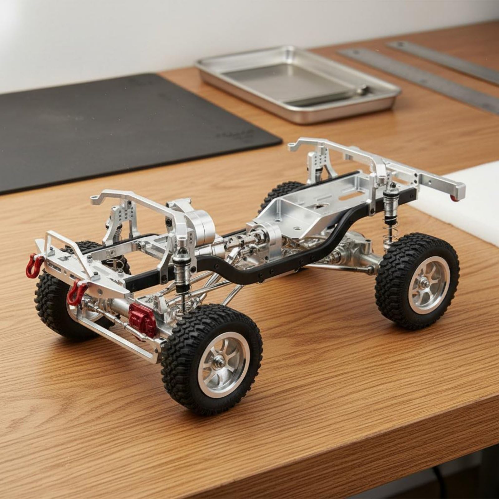 Chasis de Coche RC Metálico Bastidor Armazón Marco con Aleación de Aluminio y Transmisión Completa de Metal Ejes Diferenciales Preensamblado Adecuado, Rojo