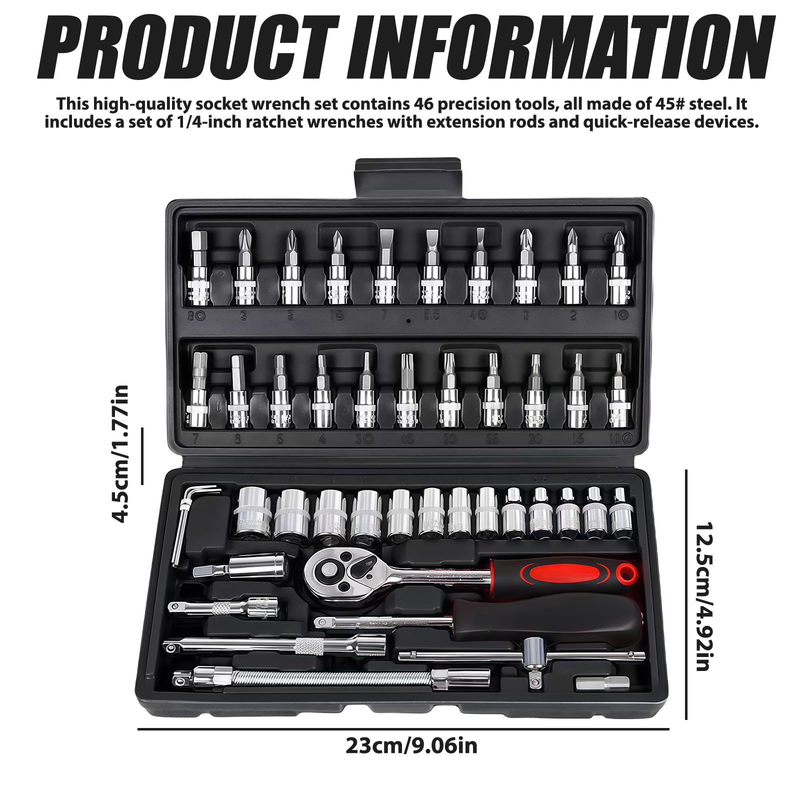 Coffret de clés à cliquet 46 pièces Petit : Cliquet à changement rapide à serrage rapide, clés à douille en acier Cr-V avec cliquet à changement rapide de 6,35 mm, jeu de douilles, pour