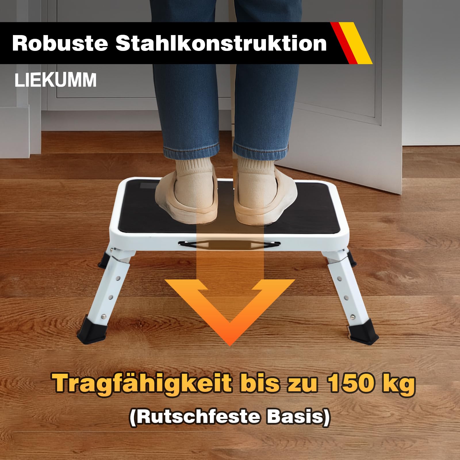 LIEKUMM 3-stufiger Tritthocker Klappbar, 150 kg Tragkraft Hocker Höhenverstellbar, Klapphocker mit Rutschfester Plattform, Trittstufe für Zuhause, Küche, Bad und Wohnmobil, Schwarz
