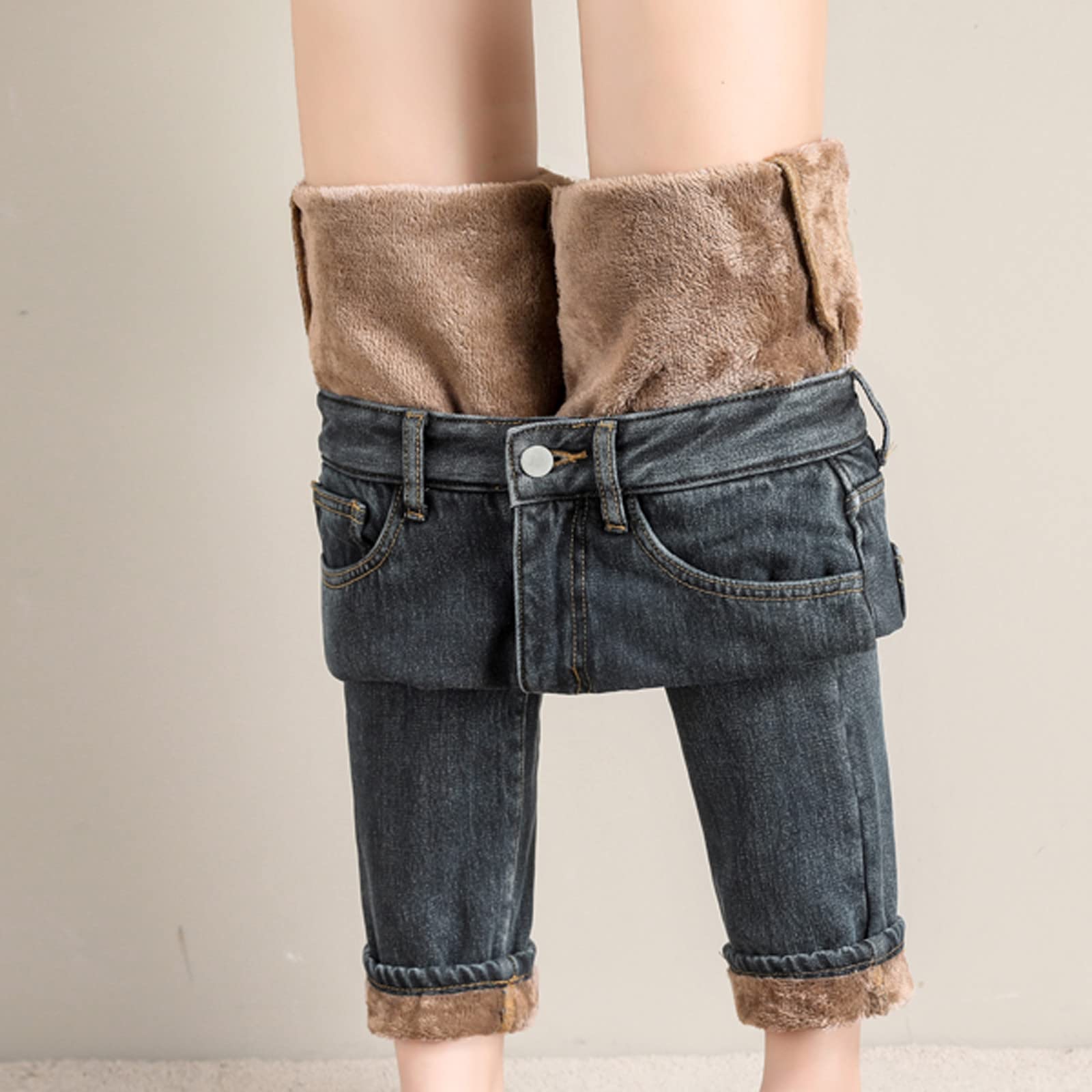 Pantalones térmicos para mujer, de invierno, con forro polar, pantalones térmicos para niña, pantalones vaqueros para mujer, cintura alta, elásticos, vaqueros, con forro polar, pantalones de invierno