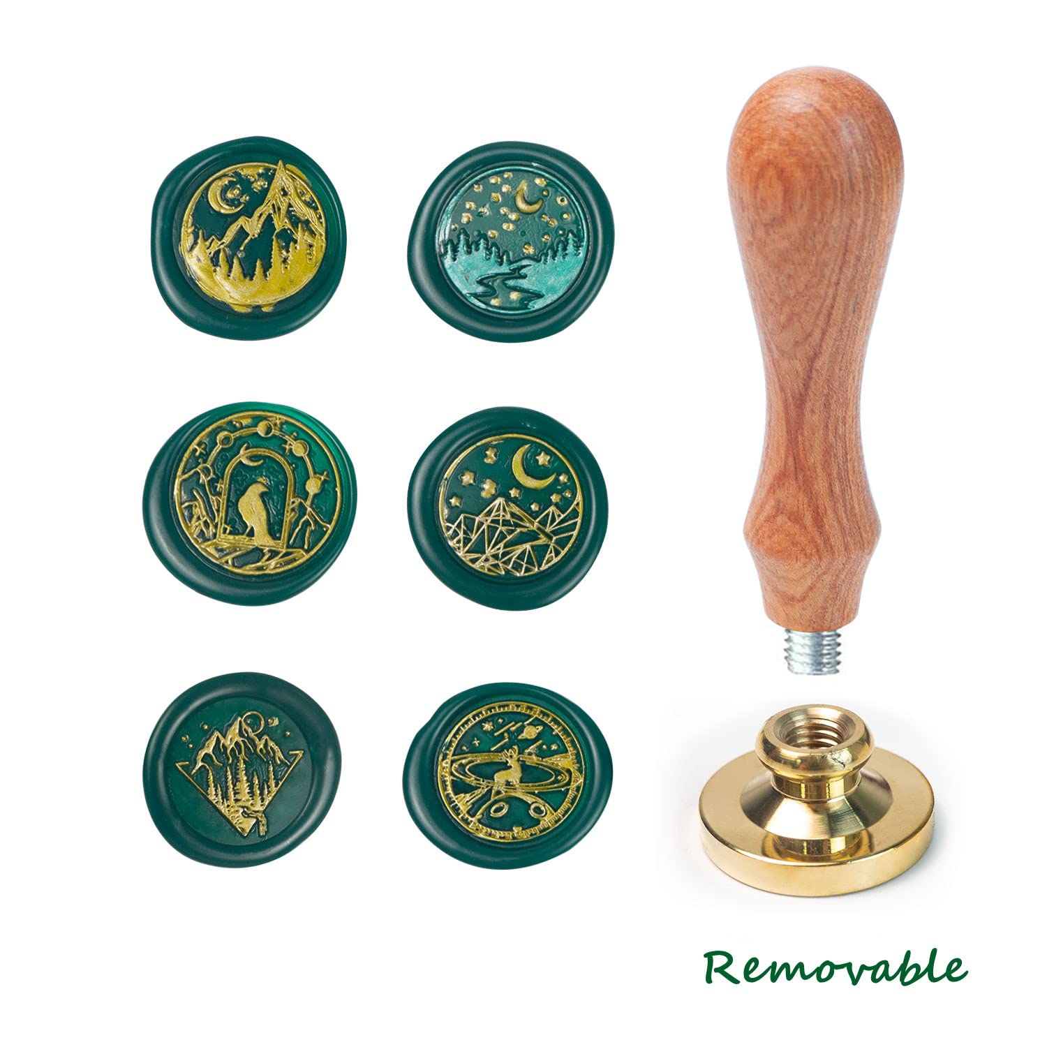 ANBOSE Wax Seal Stamp kit, Moon Wax Seal Stamp Set including 6 PCS Removable Brass Heads and 1 Wooden Handle - Image 3