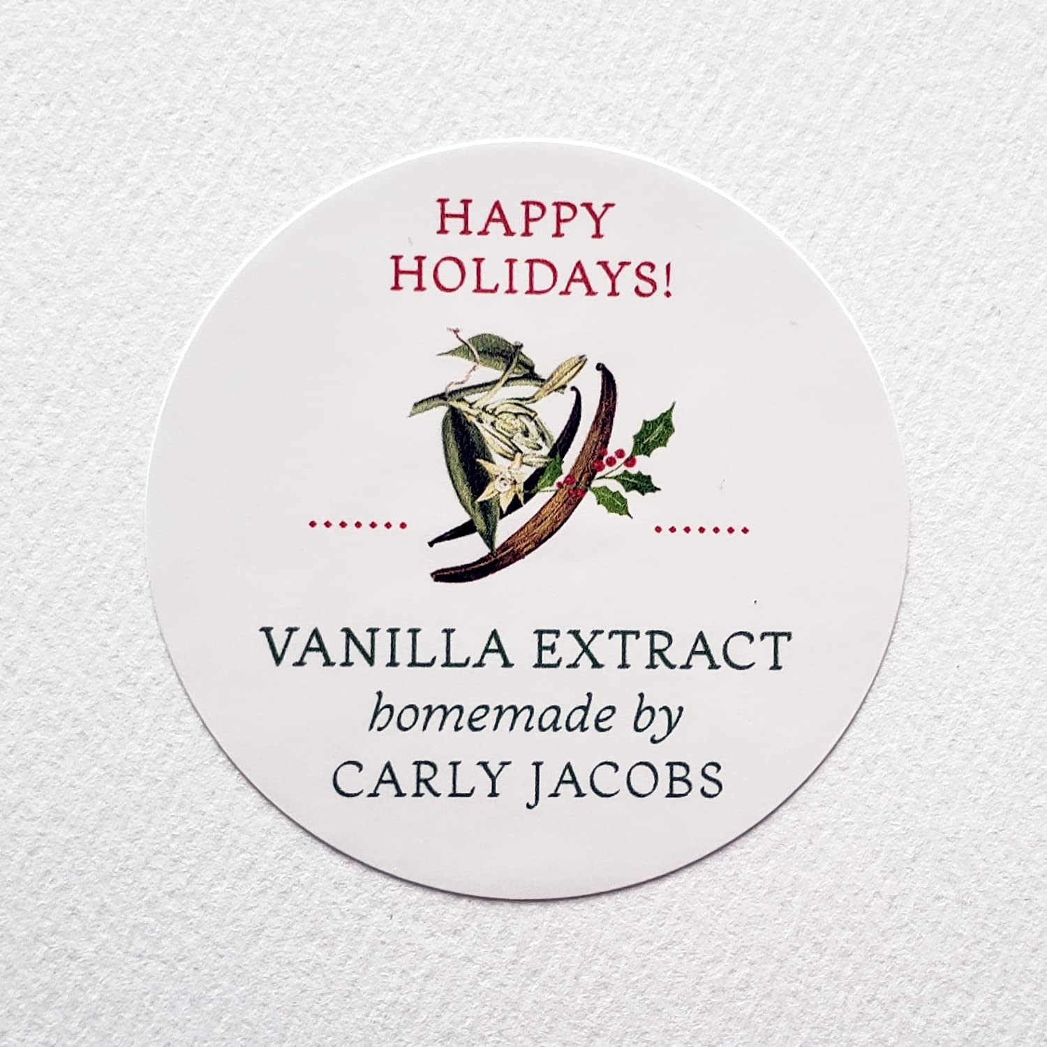 Personalized Holiday Vanilla Extract Labels -2" Round or 2" x 2" Square - Sets of 18 Labels (2" Round, Happy Holidays!)