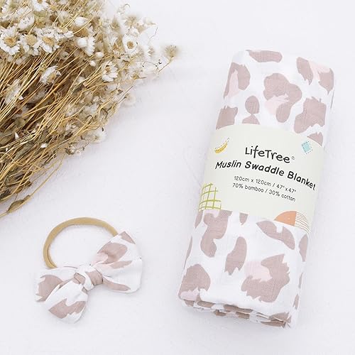 Miniatura 7 de LifeTree Manta de muselina para bebé, manta de recepción para recién nacida, con lazo para la cabeza, juego de bebé, estampado de leopardo,