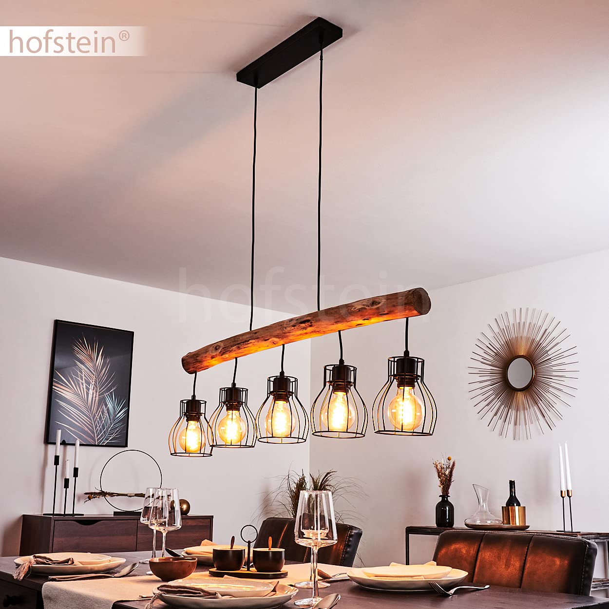 HOFSTEIN Pendelleuchte Gondo, Hängelampe aus Metall/Holz in Schwarz/Braun, 5-flammig, E27, Lampenschirme in Gitteroptik, Höhenverstellbar bis max. 140 cm, modernes industrial Design, Küche, Wohnzimmer