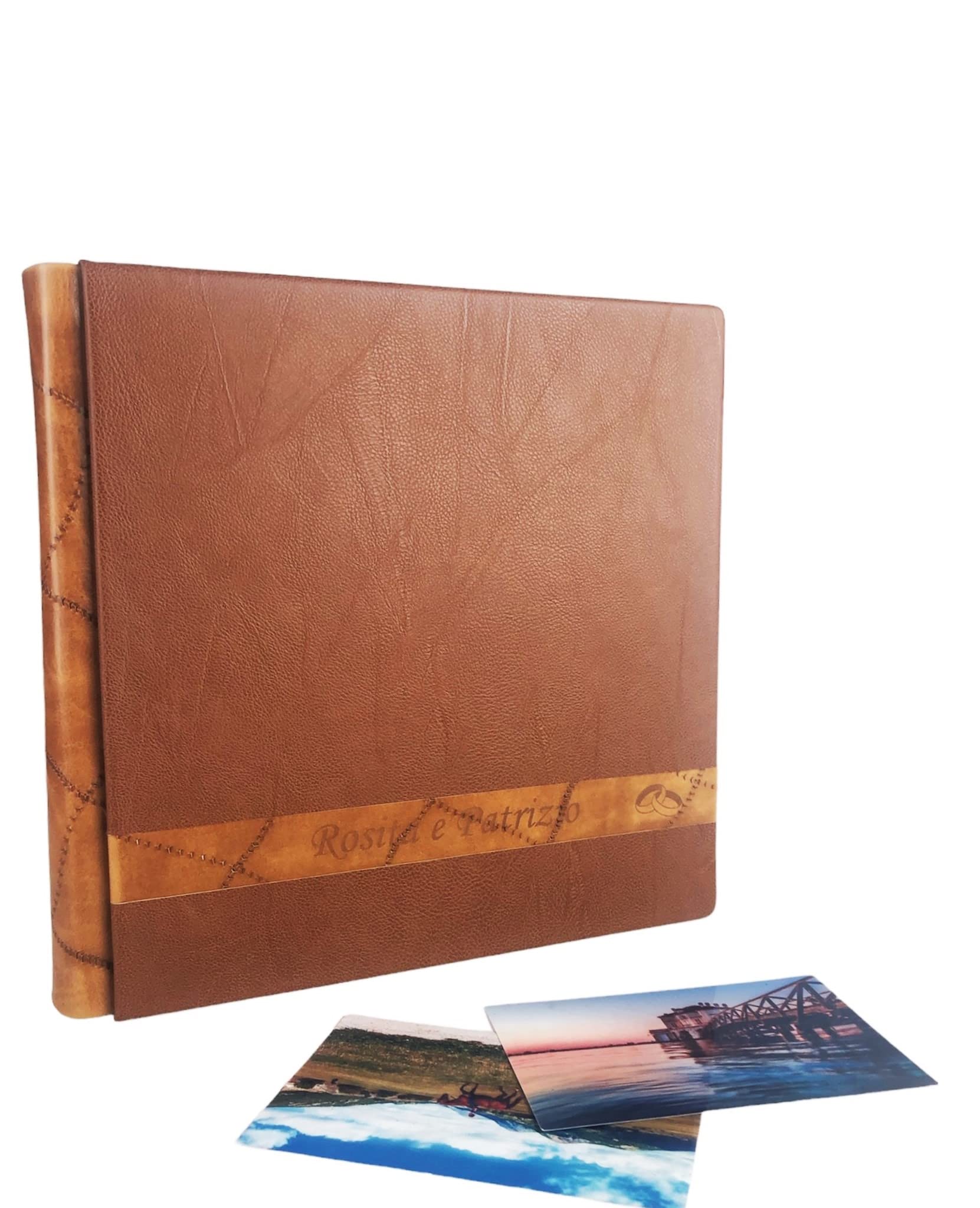 Álbum de fotos artesanal - Marte - de piel sintética, con inserción de cuero auténtico, personalizable con grabado. Ideal para cualquier evento (marrón claro/cuero rubio)