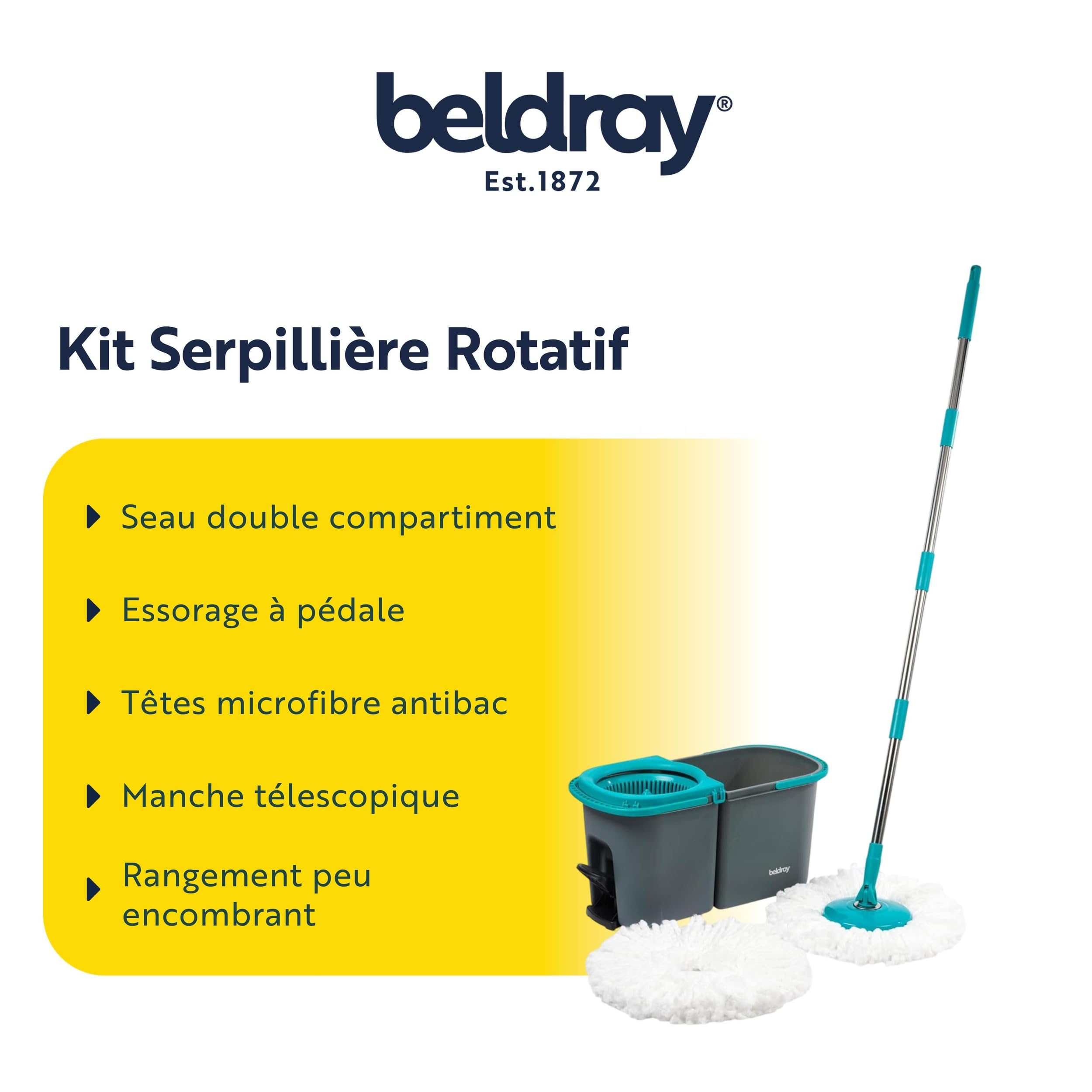 Beldray Balai à Franges Anti-bac avec Seau, Seau à Deux Compartiments, Eau Propre et Sale, 2 poignées pour Une maniabilité Facile, Fonction rotative activée par pédale, tête de serpillère, Surfaces
