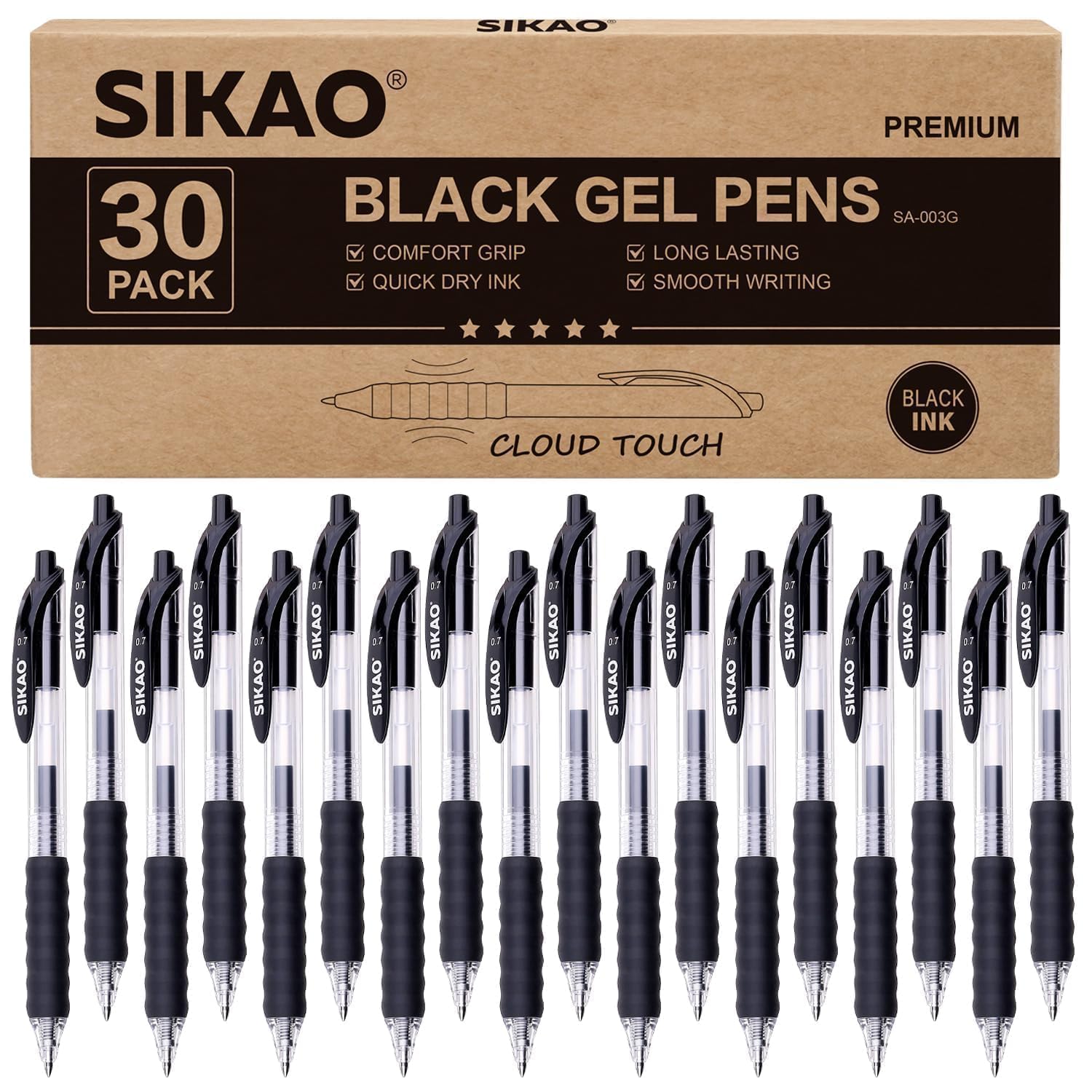 Black Gel Pens Bulk 30 Pack + 12 Refills, Black Ink 0.7mm Fine Point Smooth Writing No-Smudge, Gel Ink Pens Black with CLOUD TOUCH GRIP, Retractable Click Pens for Office, School, Teachers & Servers