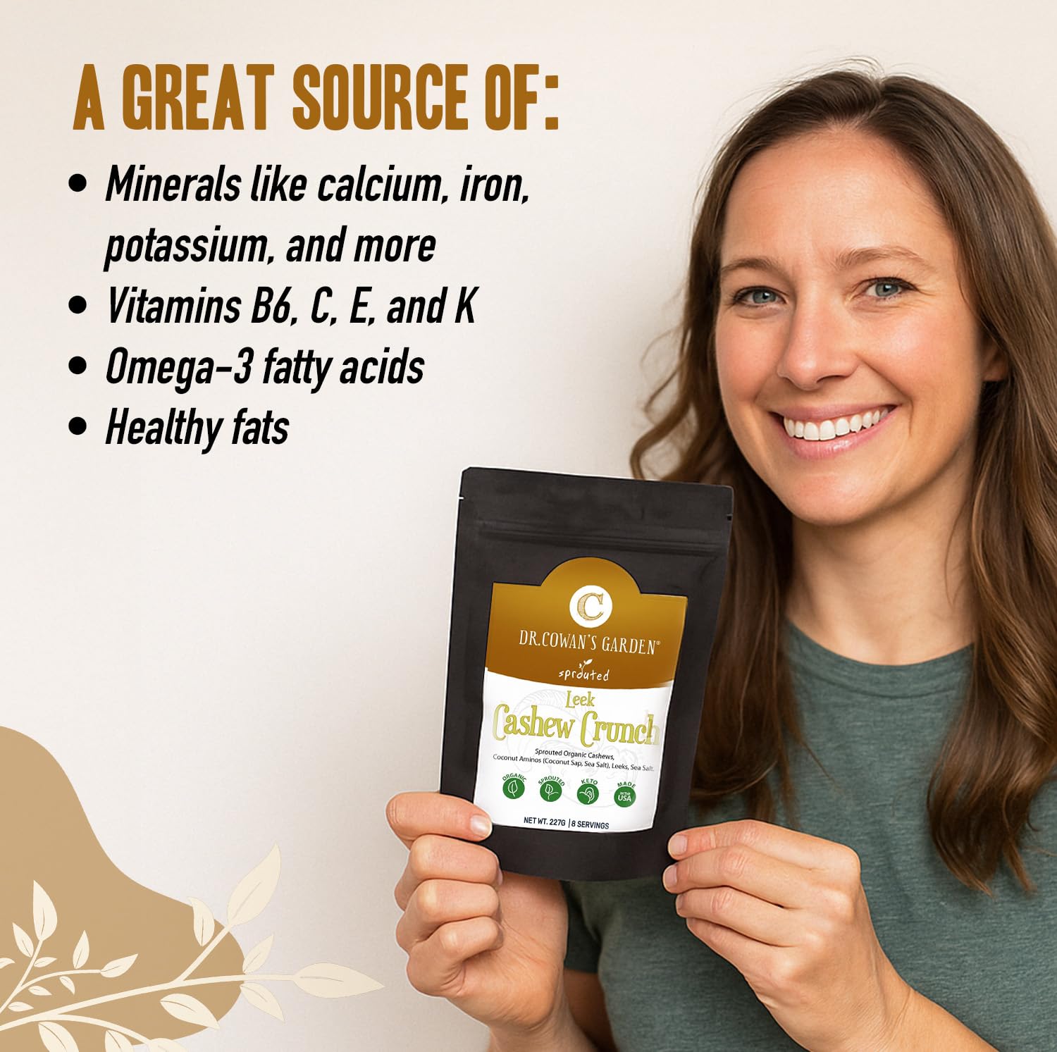 Dr. Cowan’s Garden Flavored Sprouted Cashews: Leek Cashew Crunch - Sprouted Nuts with Leek Powder, Coconut Aminos, & Organic Cashews, Organic Nuts, Grown in the USA, Whole 30 Snacks - 8oz