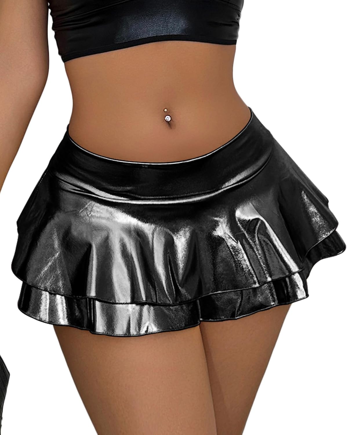 Women's Metallic PU Leather Mini Skirt - Ultra Short High Waisted Stretchy Clubwear Sexy Party Outfit