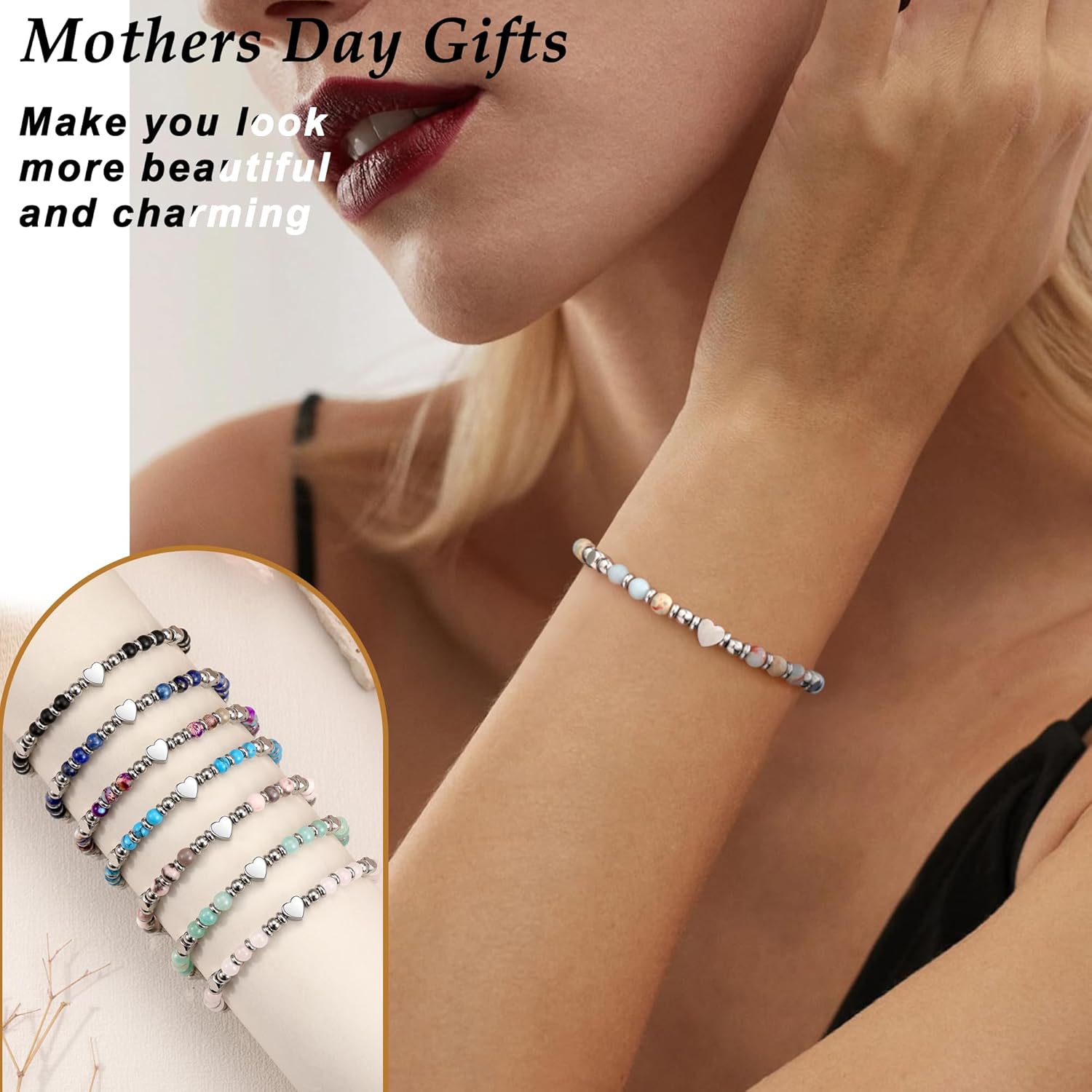 Gifts for Women, Valentines Day Gifts for Teens Beaded Bracelets for Women Gifts for Mom Mothers Day Gift for Grandma Daughter Bonus Mom Nature Stone Bead Bracelet Graduation Jewelry Stocking Stuffers - Image 2