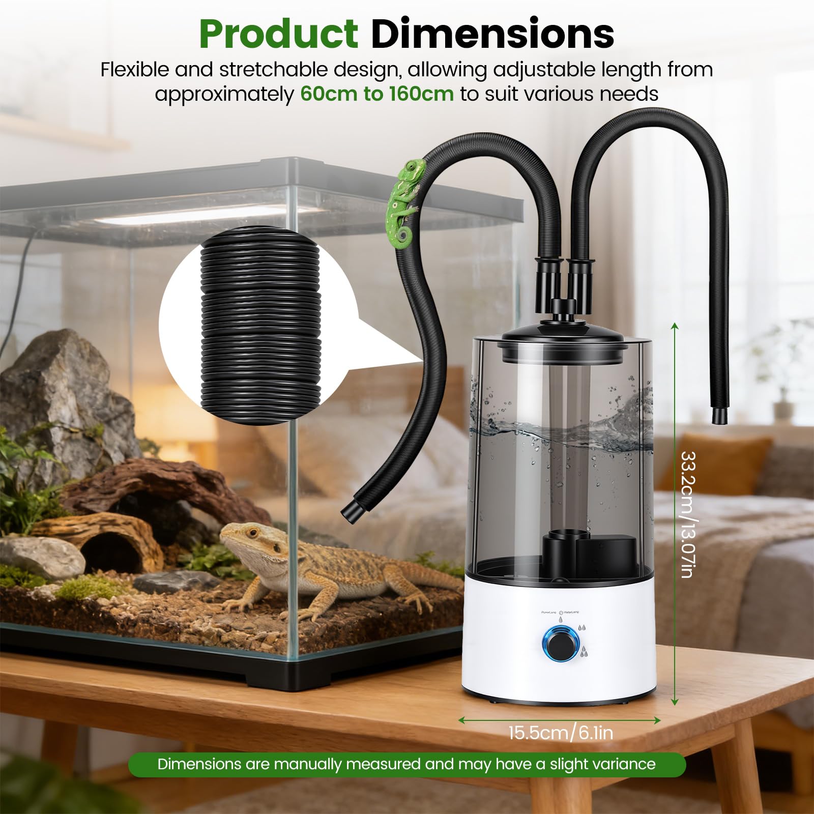 Humidificador Aéreo para Reptiles, 4L Generador Niebla para Terrarios con Tubo Doble Extensible, Ajuste en Tres Niveles del Tamaño de la Niebla, Vaporizador Ultra Silencioso para Reptiles