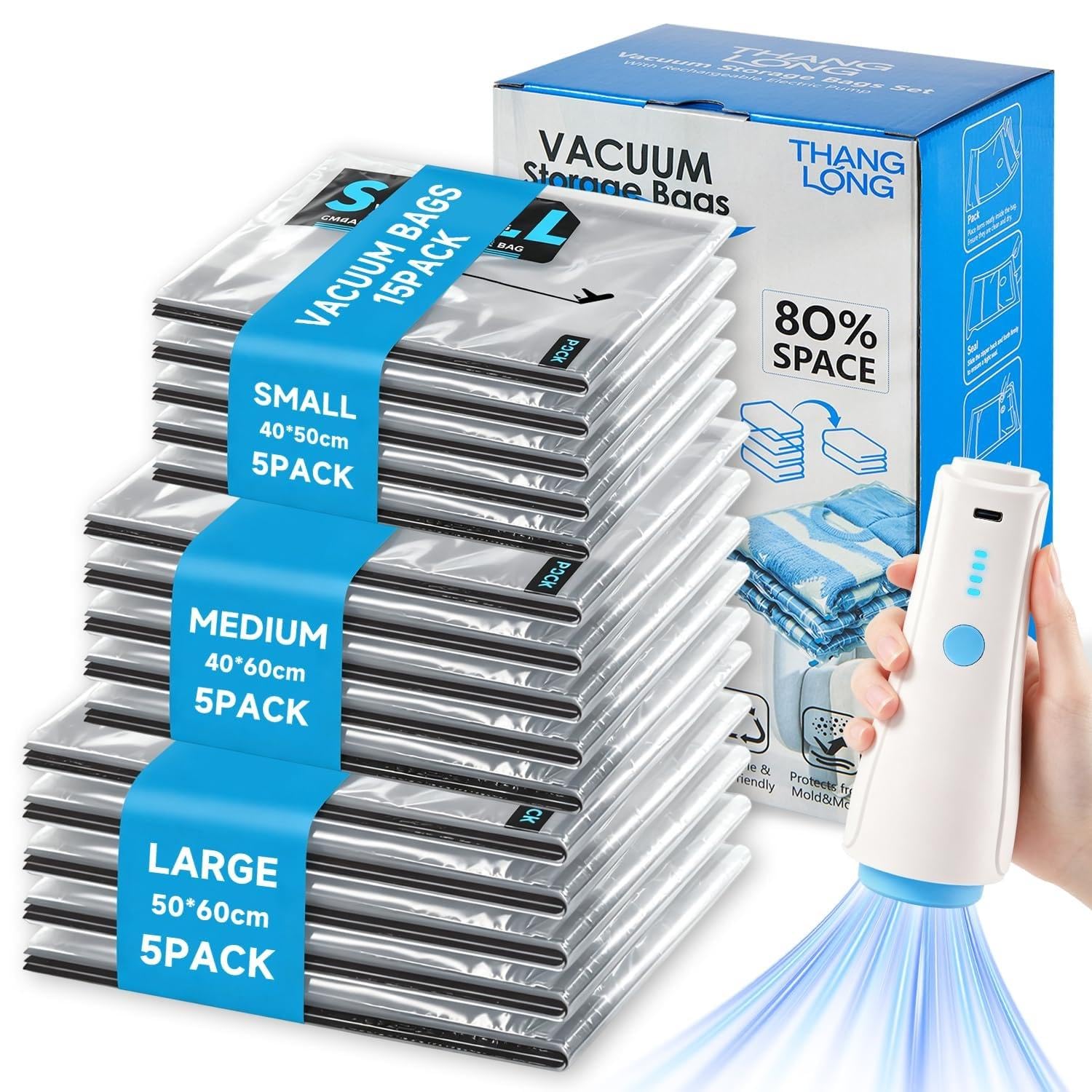 Clearly Size-Labeled Vacuum Storage Bags for Travel with Cordless Pump