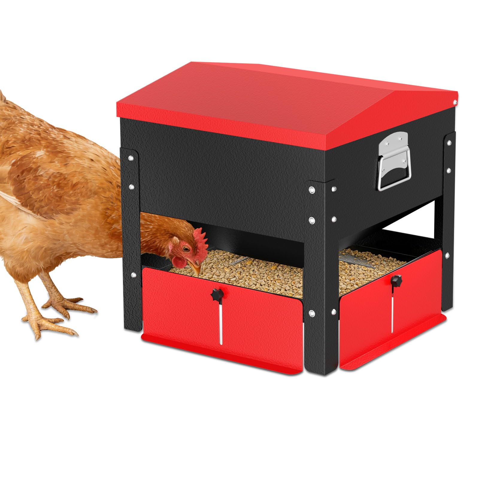 Comedero automático de pollo de 100 libras, acero galvanizado, resistente a la intemperie y tapa segura, comedero de aves de corral de gran capacidad para uso en exteriores, caja de alimentación sin