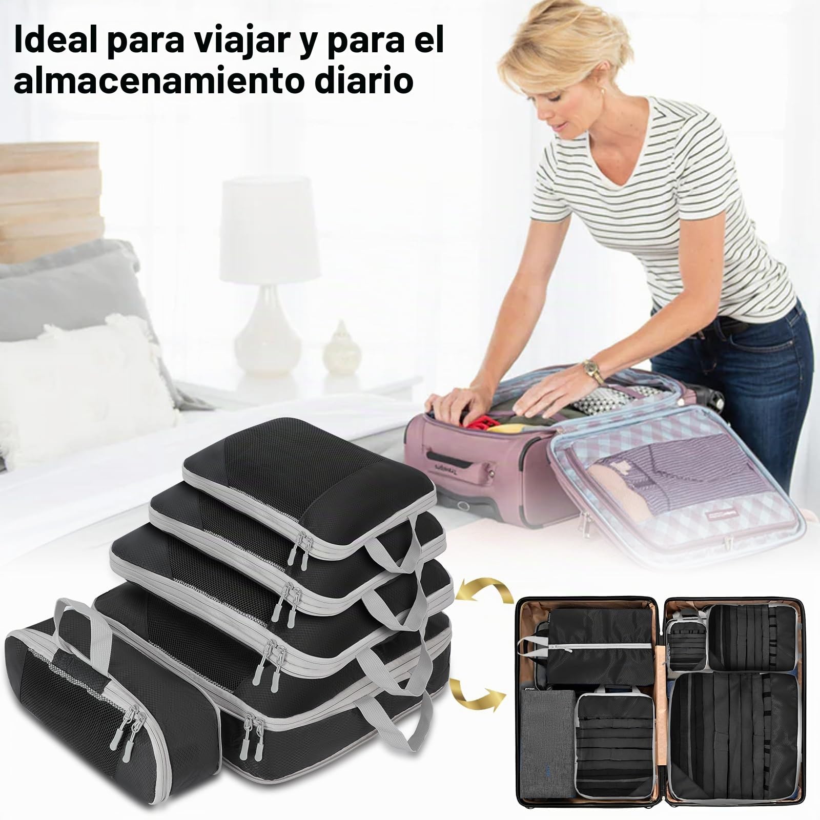 Juego De Bolsas De Compresión Para Maleta Y Mochila [8 Piezas] Bolsas Viaje Organizador De Embalaje,Bolsas De Senderismo Negro Organizador Maleta Cubos De Embalaje Compresión