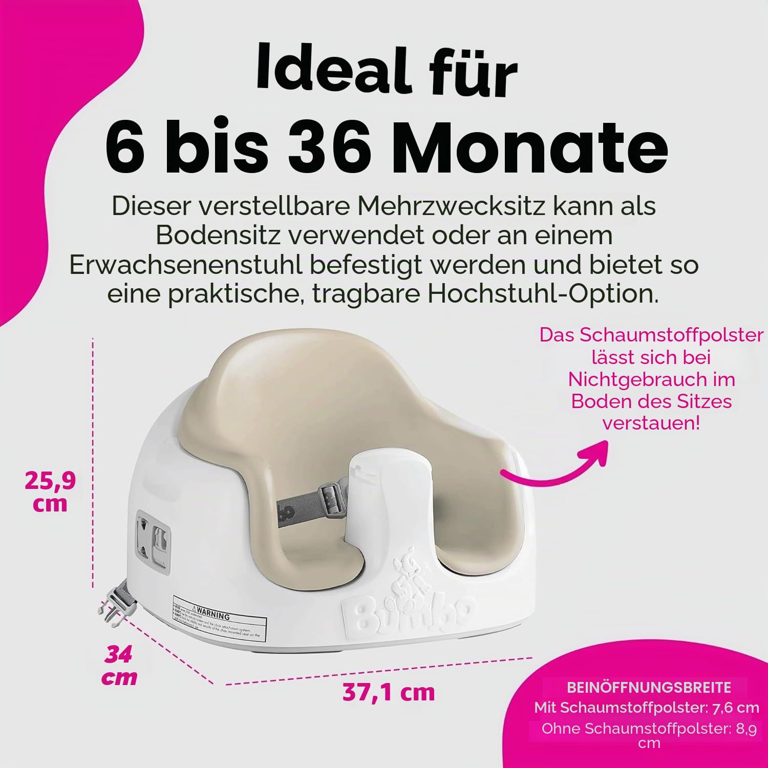 Bumbo Sitzerhöhung mit abnehmbarem Tablett für Kleinkinder & Babys zwischen 6 und 36 Monaten - Babyschale für Esszimmerstuhl mit Sicherheitsgurt - Mehrzweck-Babybodensitz - Taupe