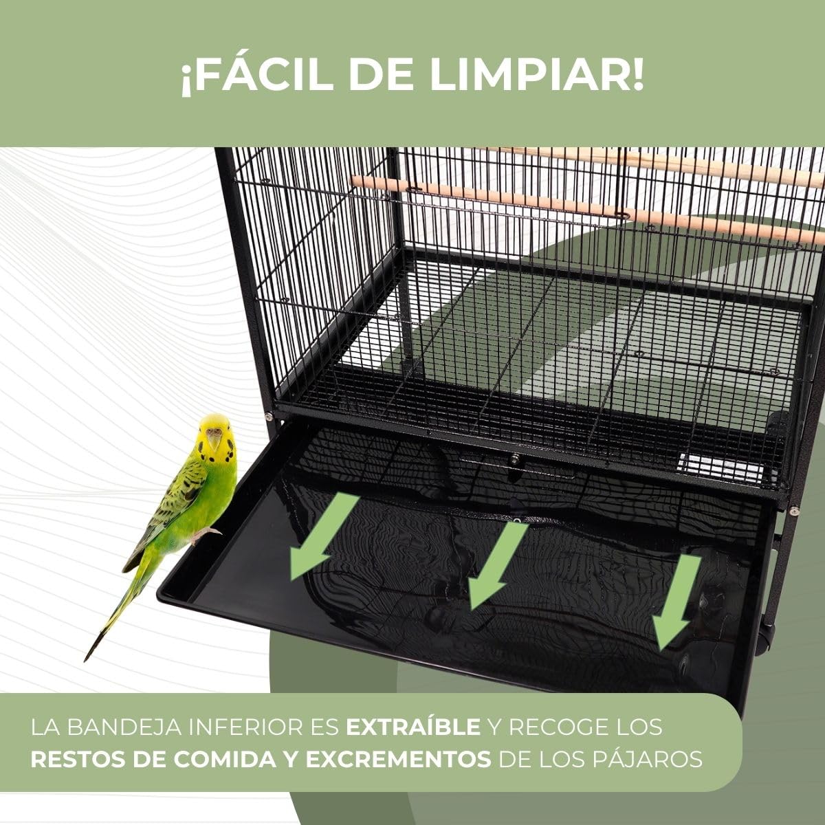 Mobiclinic®, Jaula de Pájaros, XL, con Ruedas, Frenos, Apertura Superior, Bandeja Extraíble, 8 Puertas, Grande, 95x43x61.5 cm, Comederos, Bebederos, Perchas Descanso, Agapornis, Loros, NINFA