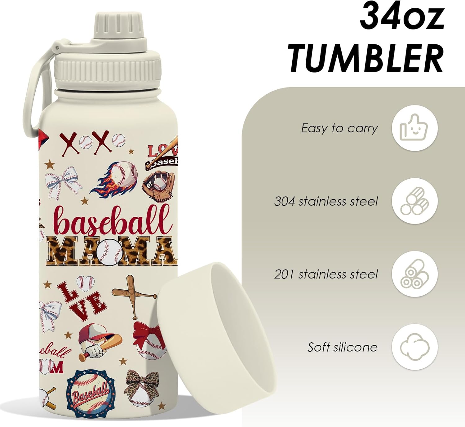 Gifts for Baseball Mom - 34oz Baseball Mama Water Bottle Vacuum Insulated Stainless Steel Tumbler, Leak-Proof, Double Wall Travel Mug for Baseball Lover Player, Christmas Birthday Gift for Women(1 pc) - Image 2