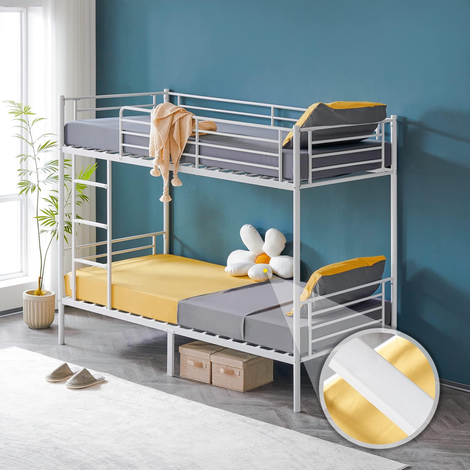 Bunk Bed Twin Over Twin Bunk Bed for Kids/Adults with Stairs Flat Rungs, Metal Double Decks Bed, White