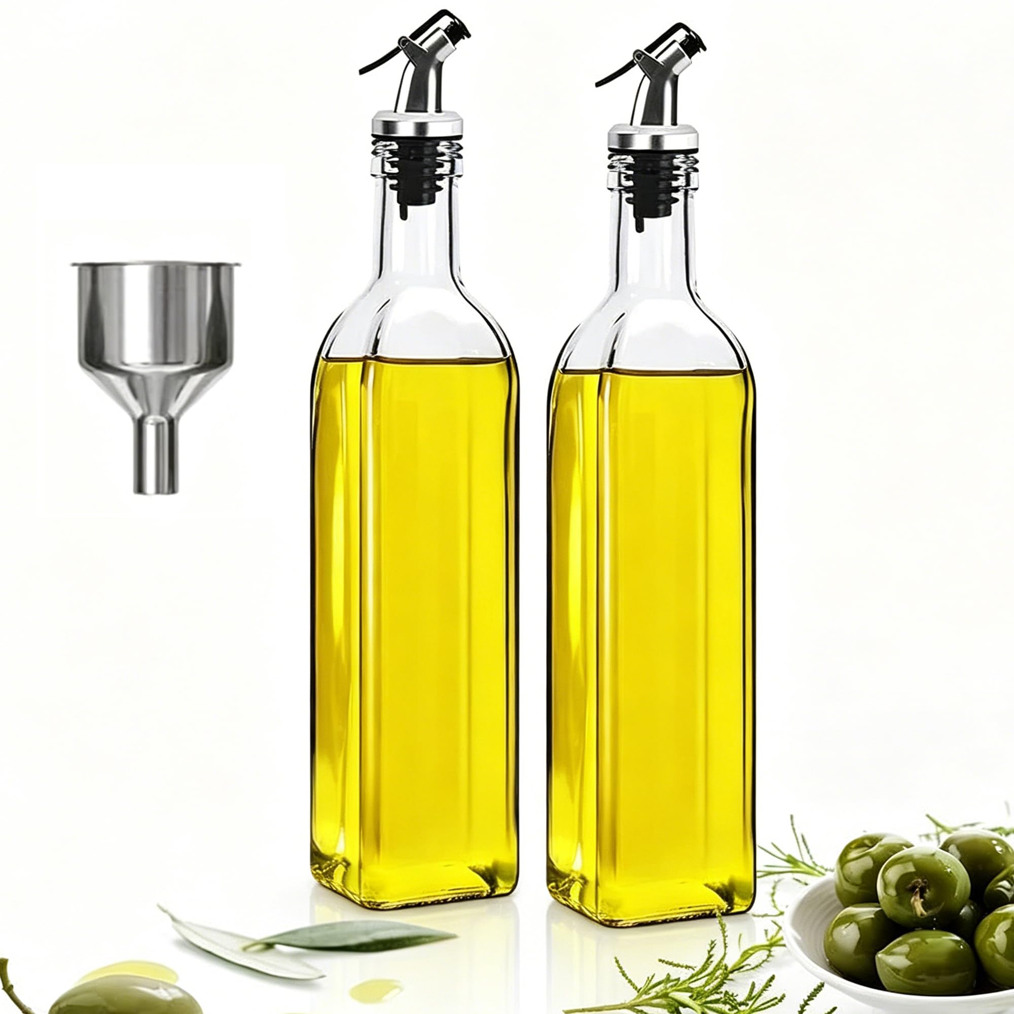 DDUP 500ML Glass Oil Dispenser, Leakproof Anti-Drip Olive Oil Bottle, Lead-Free Cuboid Vinegar Bottles, Dishwasher Safe Kitchen Container for Cooking, BBQ, Salad and Picnic(2PCS)