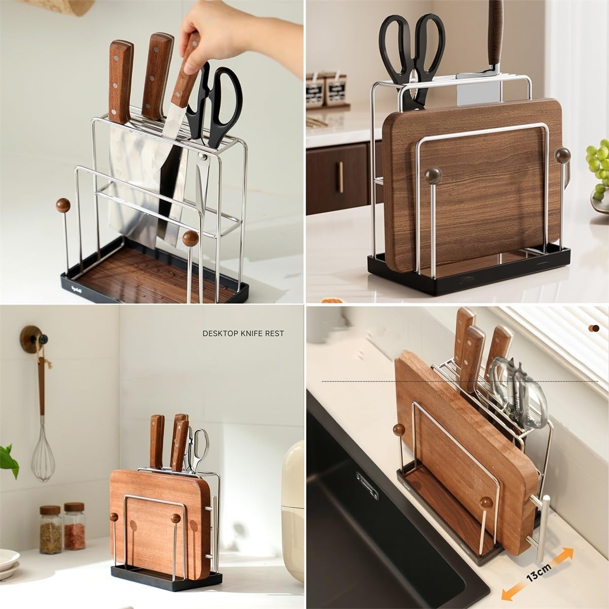 2-in-1 Stainless Steel Knife & Cutting Board Rack with Drip Tray, Multifunctional Kitchen Organizer, Built-in Scabbard for Knives, Board & Lids, Removable Drainage (21.4 x 13 x 22.1cm)