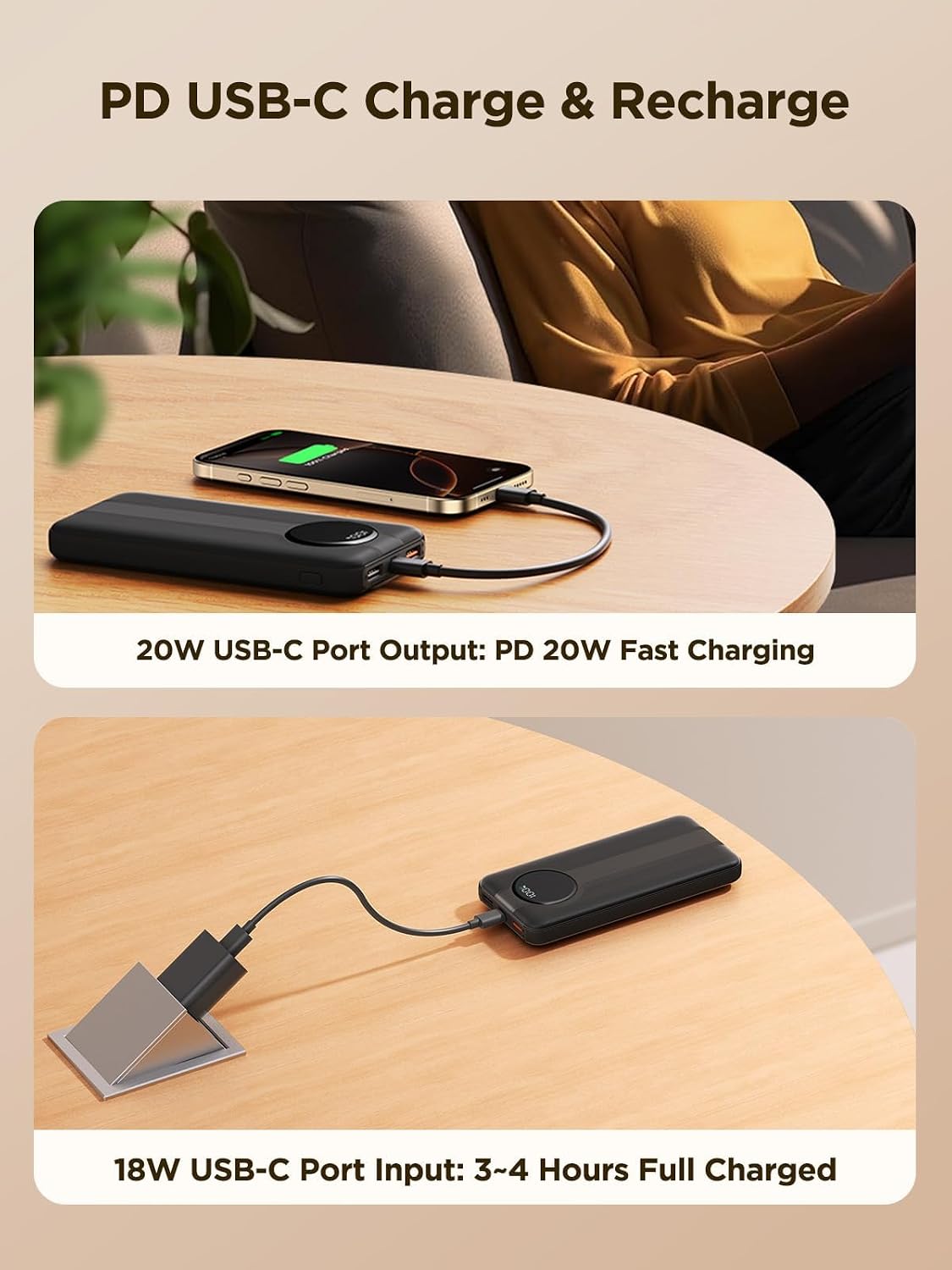 Aioneus Portable Charger, 10000mAh Power Bank with Built in Cables, 22.5W USB C in/Out Fast Charging Powerbank, Slim Travel Battery Charger Pack for iPhone 16 15 Samsung Galaxy S24 S10e Android Phone thumbnail
