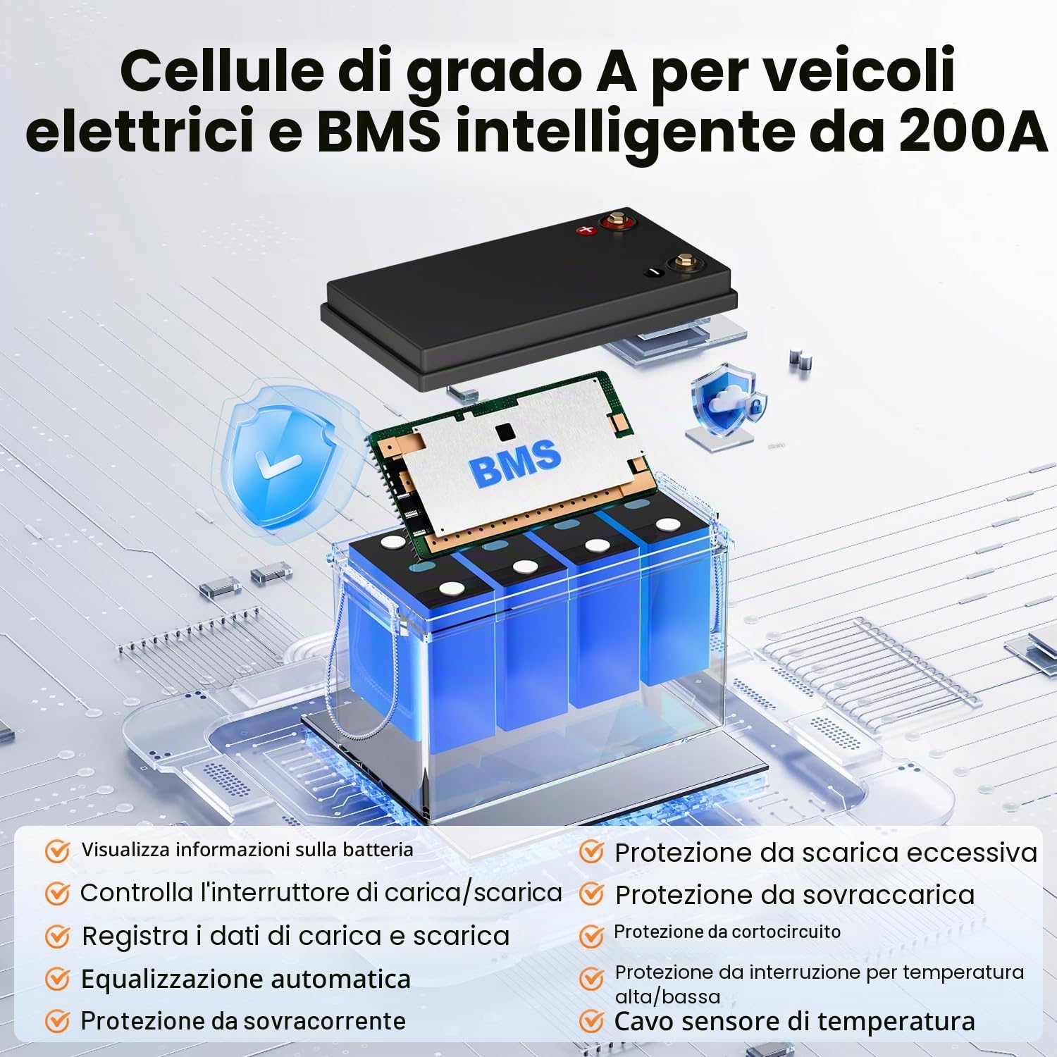 MINI LiFePO4 12 V, 330 Ah Batteria al Litio, Autobatterie BMS da 200 A, Batteria al Litio con Bluetooth, fino a 15000 cicli, Max. 4224 Wh di energia con spegnimento a bassa temperatura