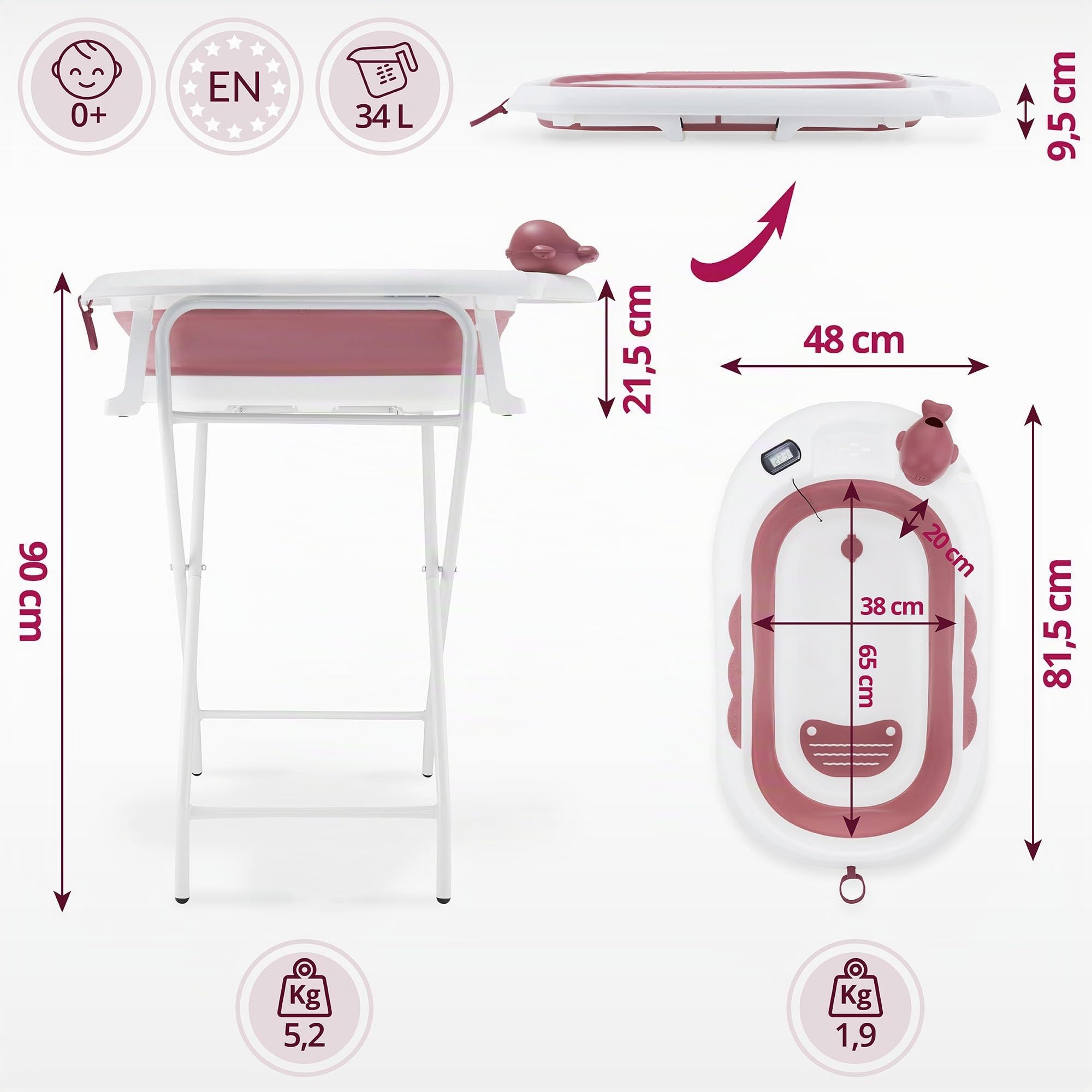 Moby-System Bañera Bebé Plegable con Termómetro LCD Incluye Inserto Soporte Alto y Bajo Vasito de Ballena – Compacta y Segura desde Recién Nacido – Rosa Empolvado