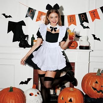 2pcs Maid Costume Including Ruffle Maid Apron Bow Headband for Cottagecore Halloween Cosplay Party