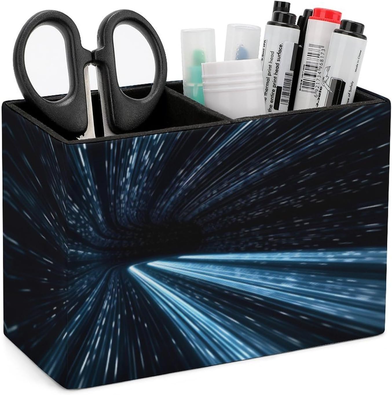 Galactic Speed Tunnel Starlight PU Leather Pen Holder for Desk, 2 Compartment Pencil Cup Desktop Organizer, Storage Box for Pens, Remote Controls, Makeup Brushes