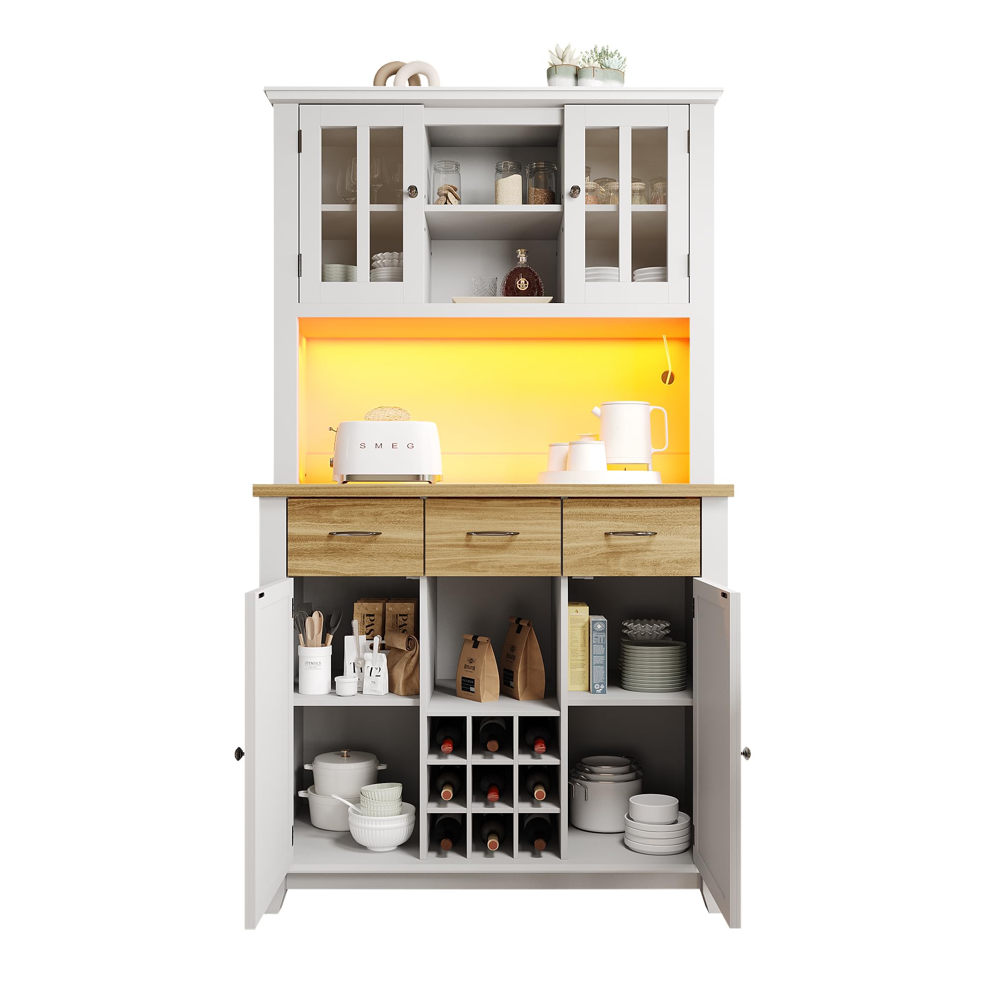 Gecheer Armario de Cocina Alto con Iluminación LED y Amplio Espacio de Almacenamiento Familias con Niños y Mascotas Modelo YHSLYD-17489146AAN-1