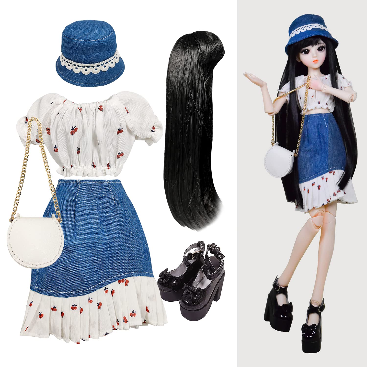 Proudoll 1/3 BJD Doll Clothes Outfit Set, Handcrafted Stylish Floral Blouse, Denim Skirt, Hat, Wig, Cross-body Bag